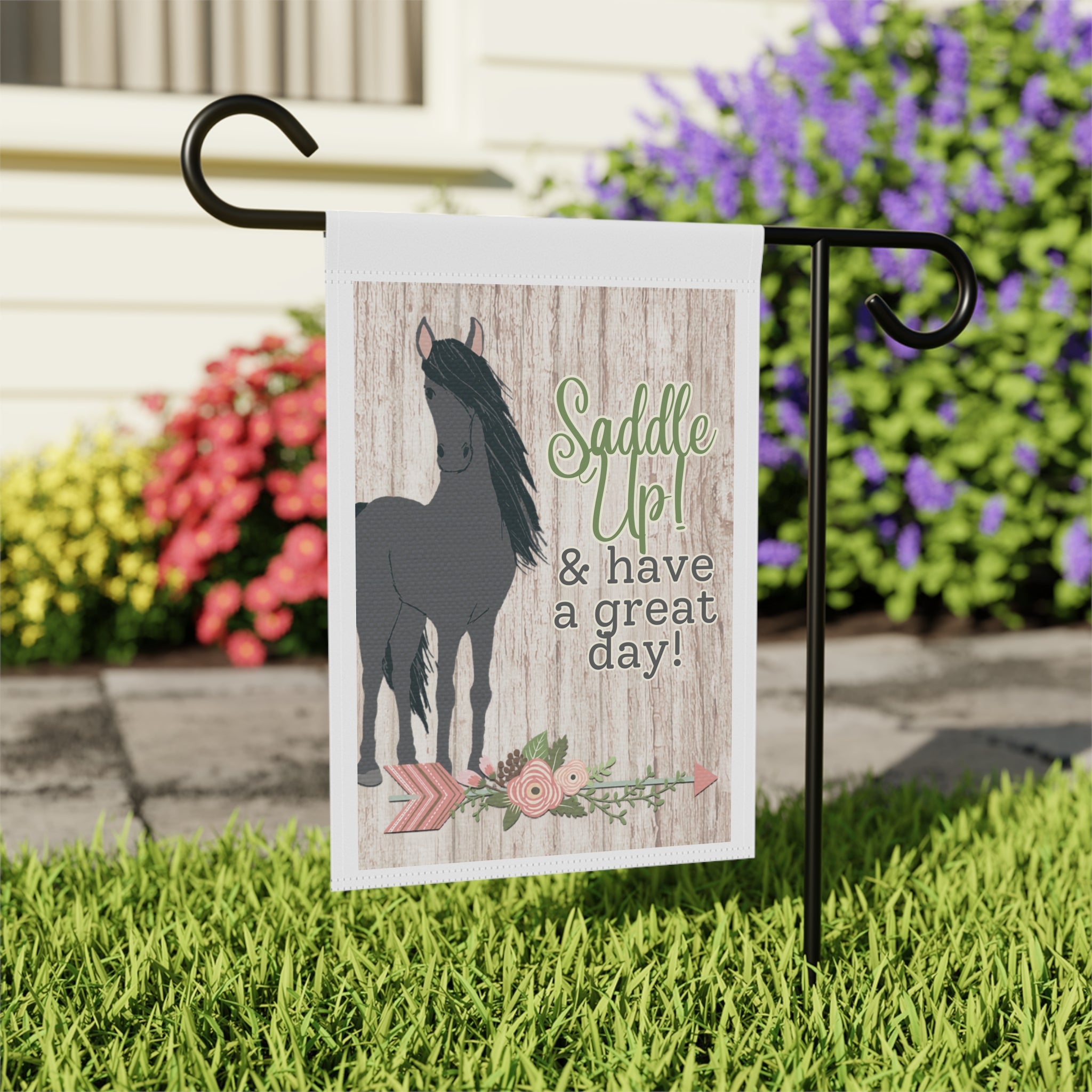 Close-up of Saddle Up horse garden flag with watercolor hand-drawn detail