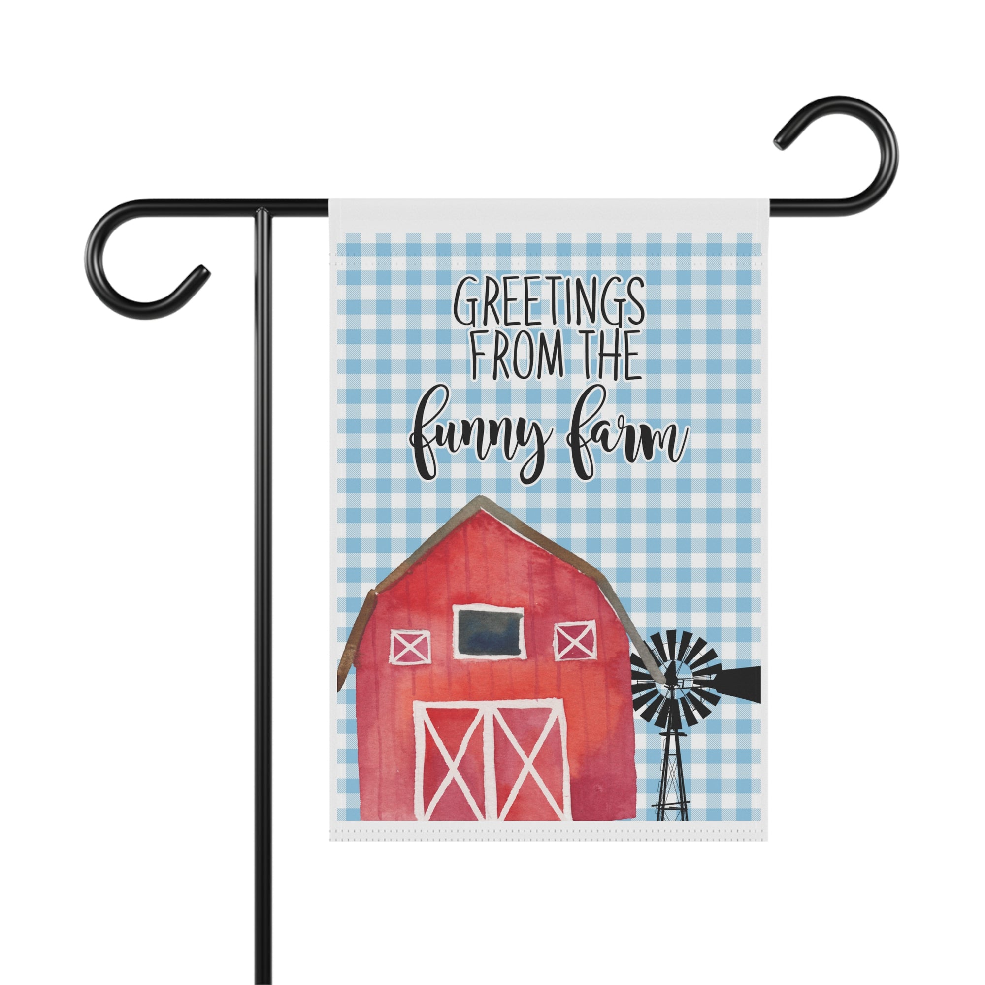 Greetings From The Funny Farm red barn garden flag with country welcome charm