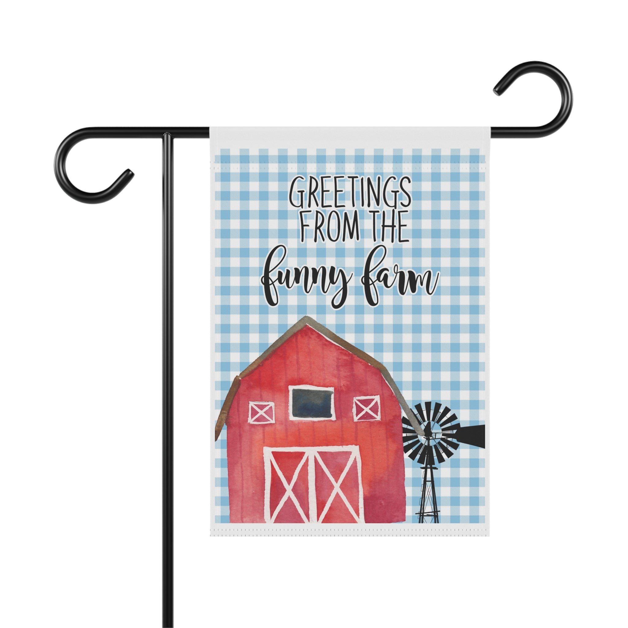 Greetings From The Funny Farm red barn garden flag with country welcome charm