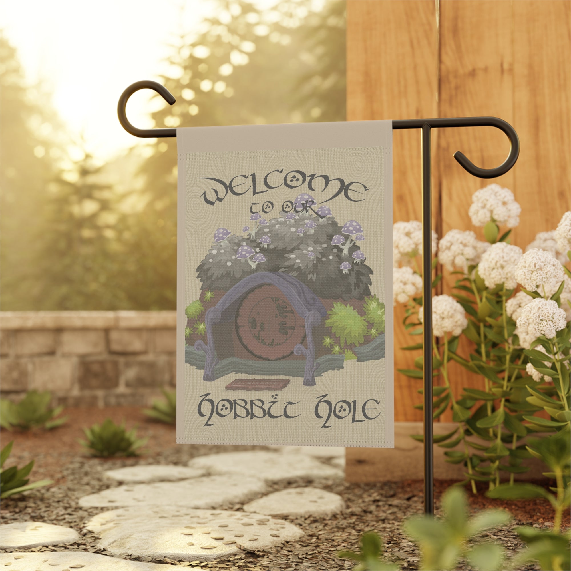 Cozy book lover garden flag displayed outdoors on a family porch flag stand