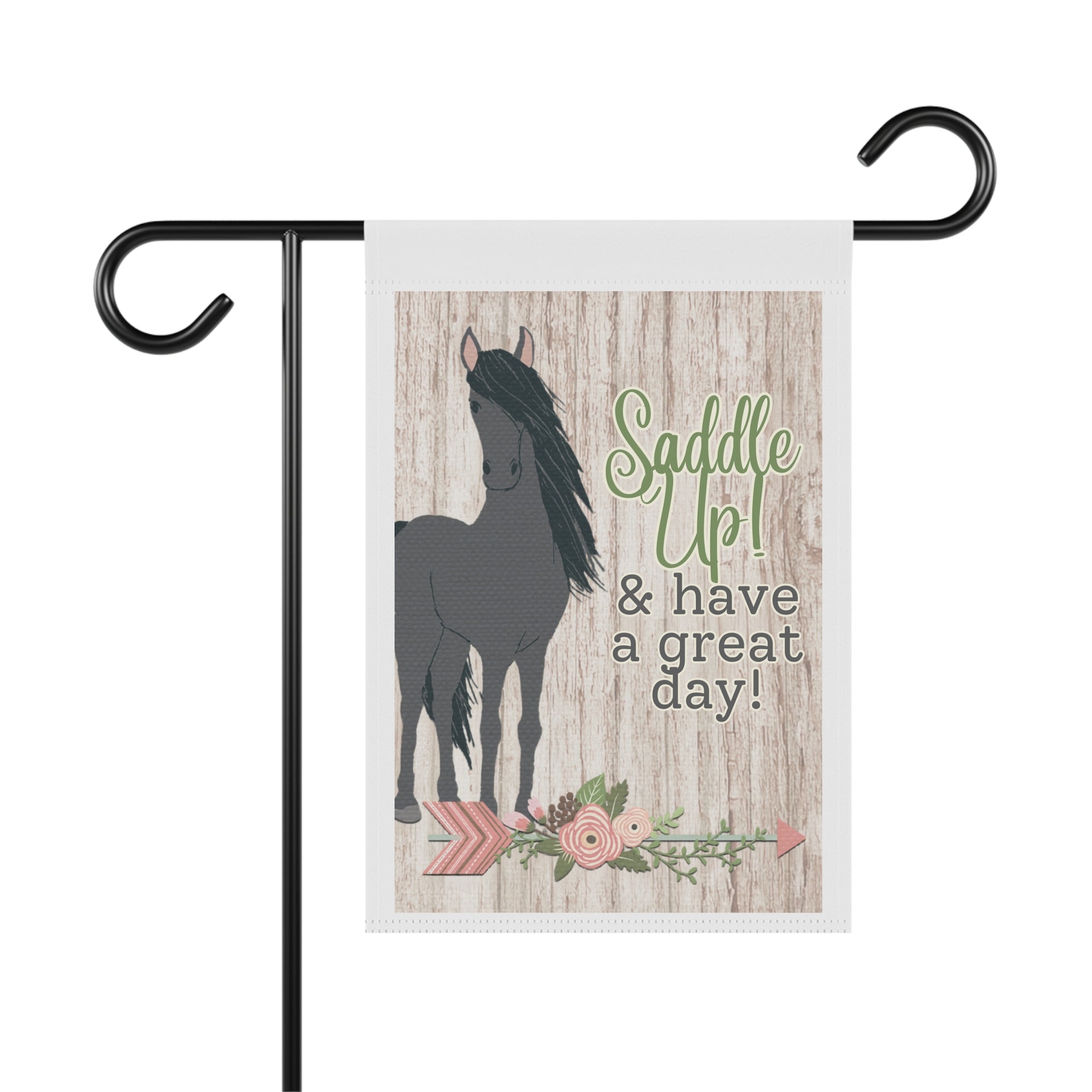 Saddle Up & Have a Great Day watercolor horse garden flag with country western charm
