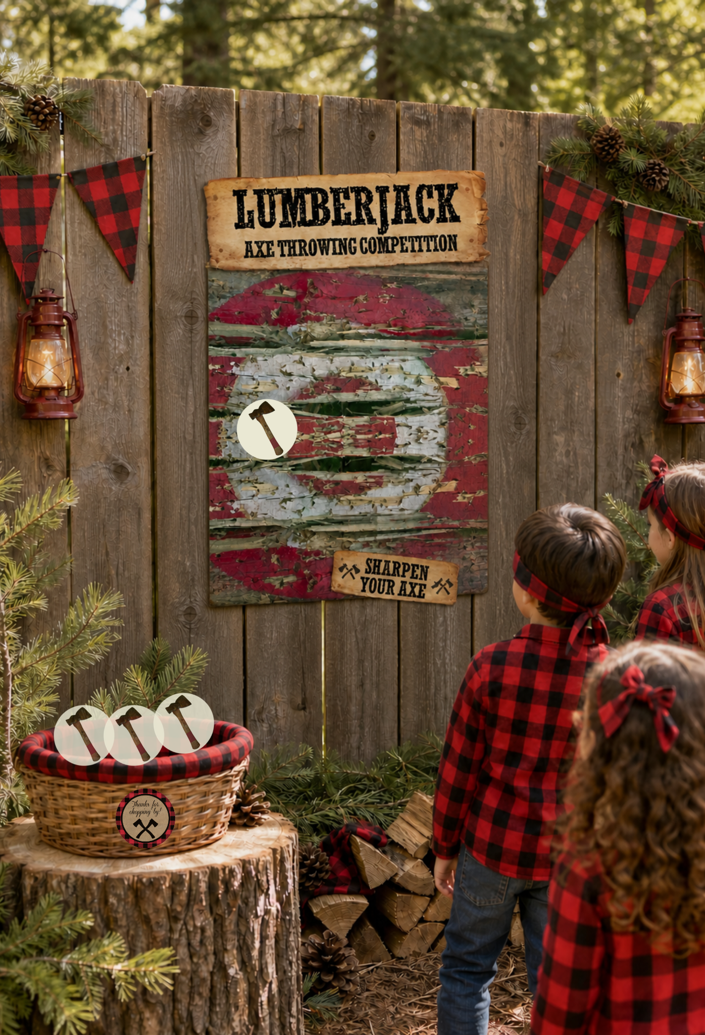 Lumberjack outdoor adventure kids birthday party table decorations, styled