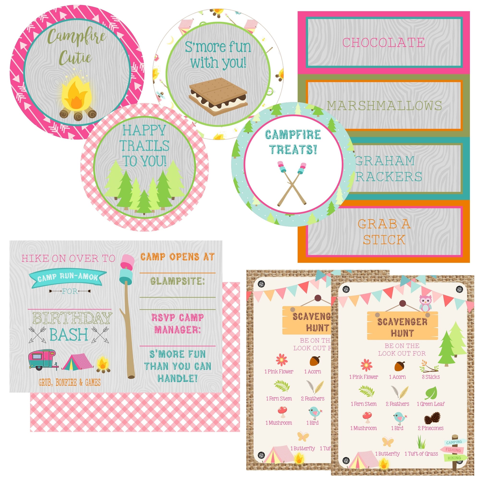 Pink glamping girl party bundle with invitations, scavenger hunt cards, favor stickers and decor posters