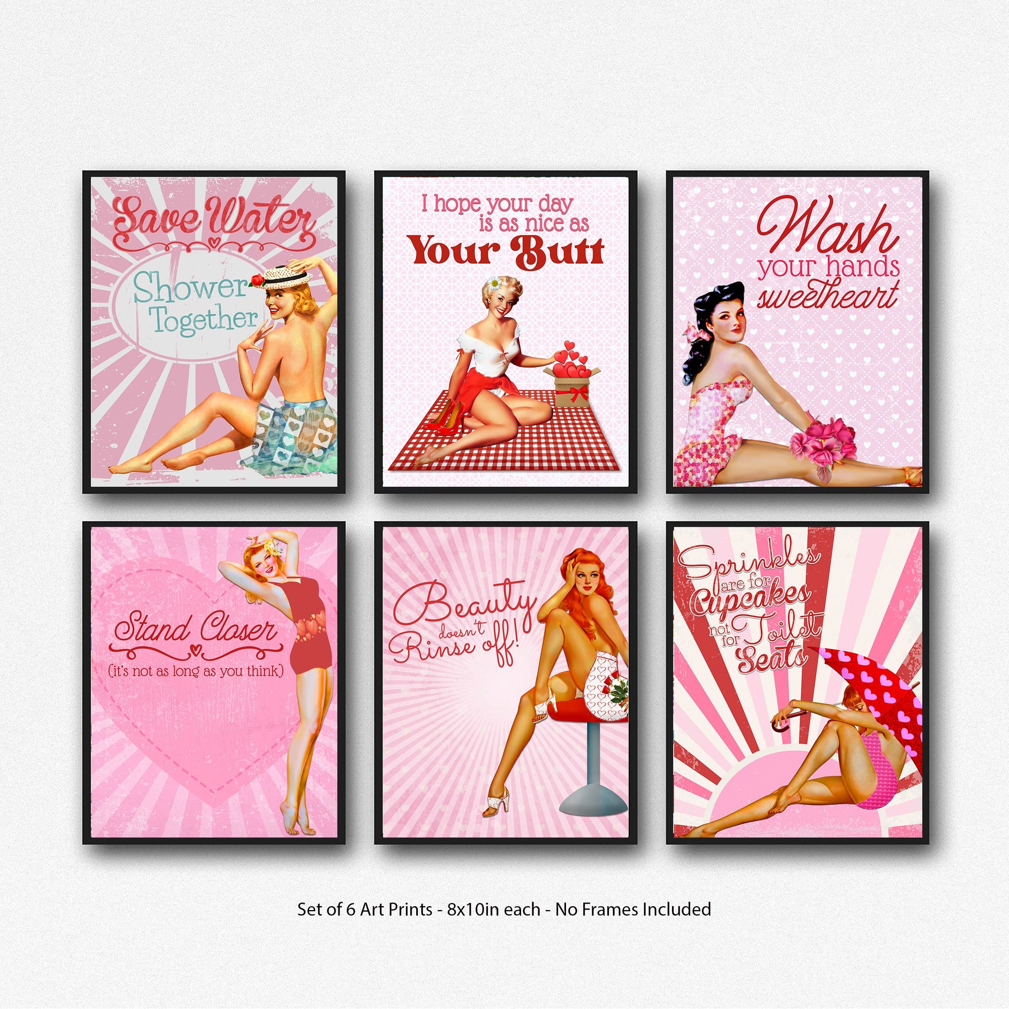 Sassy Vintage Pinup Valentine Bathroom Prints - Set of 5, 8x10 Powder Room