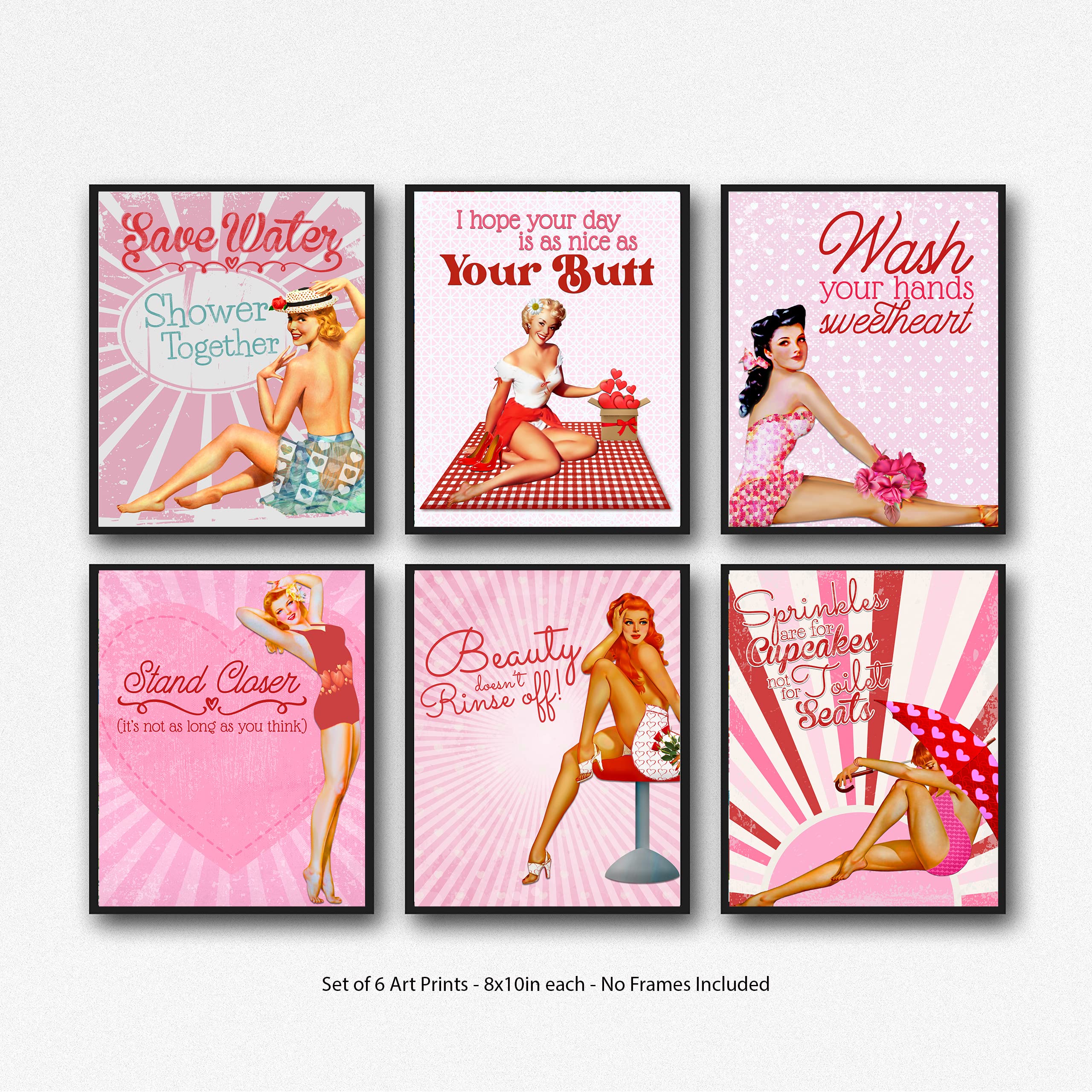 Sassy Vintage Pinup Valentine Bathroom Prints - Set of 5, 8x10 Powder Room