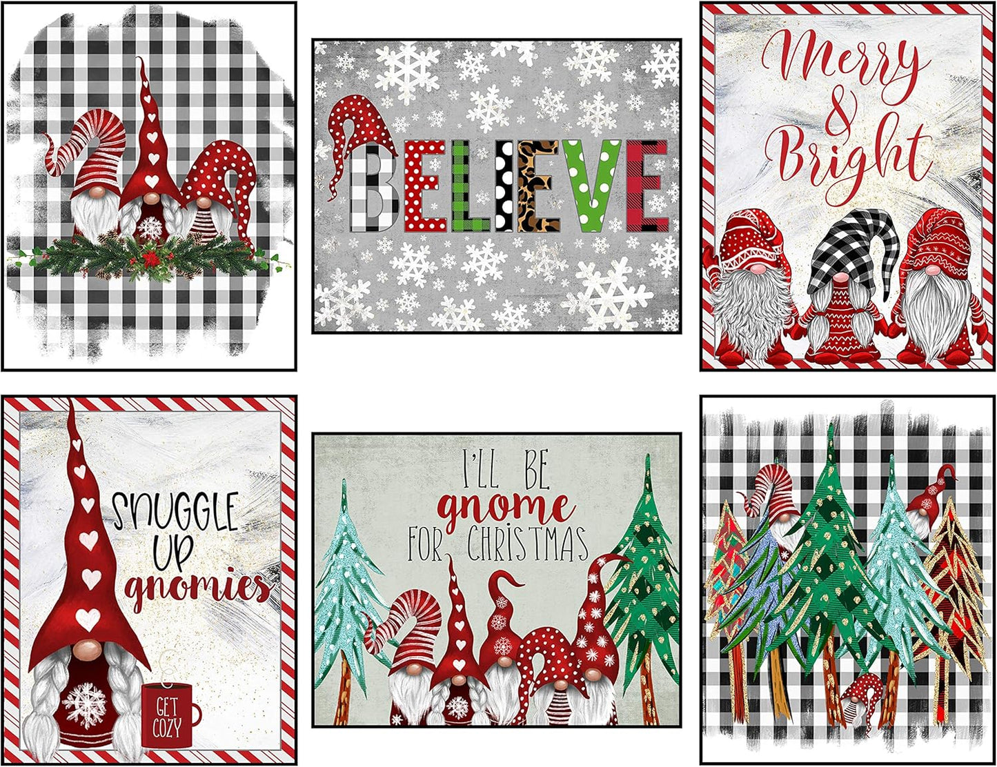 Silly Goose Gifts Gnomes Buffalo Plaid Set - Vintage Old World Themed Christmas Wall Art Prints (Set of 6)