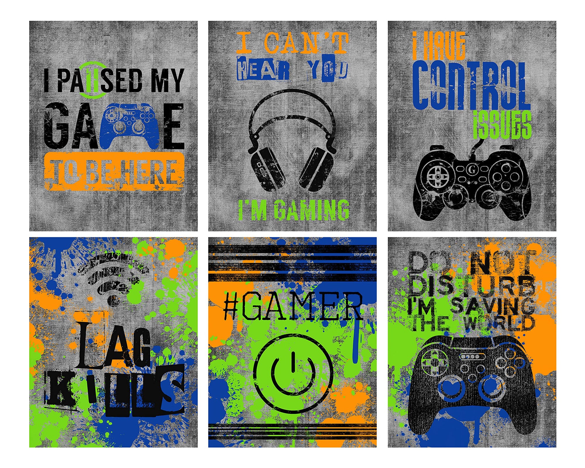 LAG Kills Video Game Wall Art Print Decor Set of Six (6) Assorted Colors Gamer No Frames