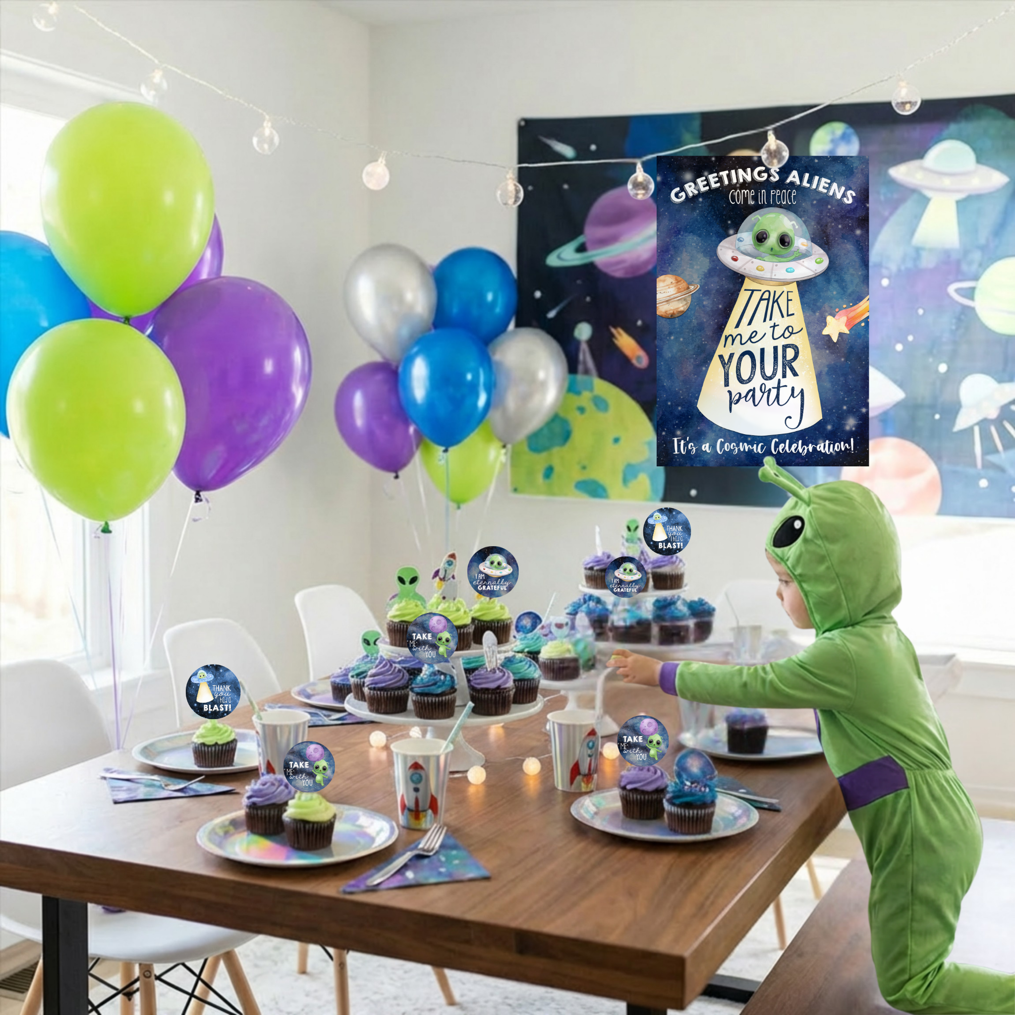 Children's birthday party with alien-themed decorations and cupcakes on a table.