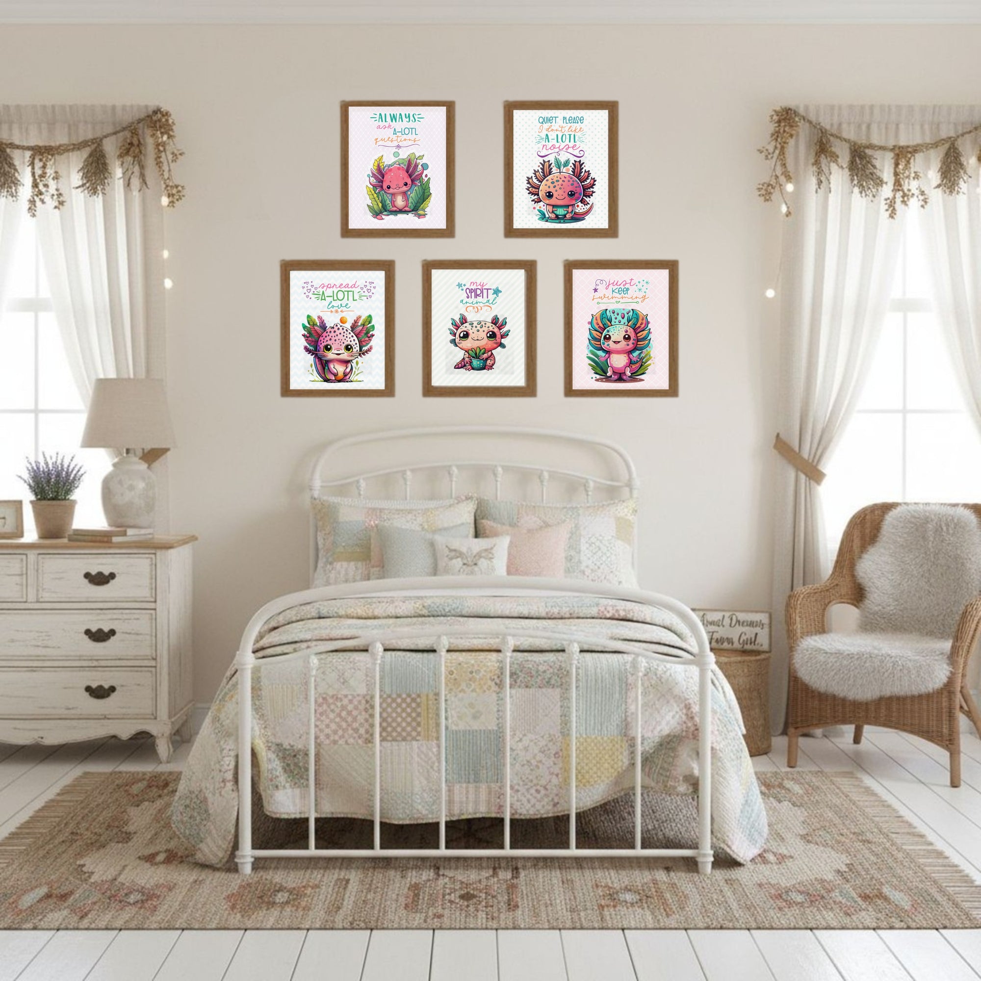 Bedroom with decorative wall art, bed, and chair.
