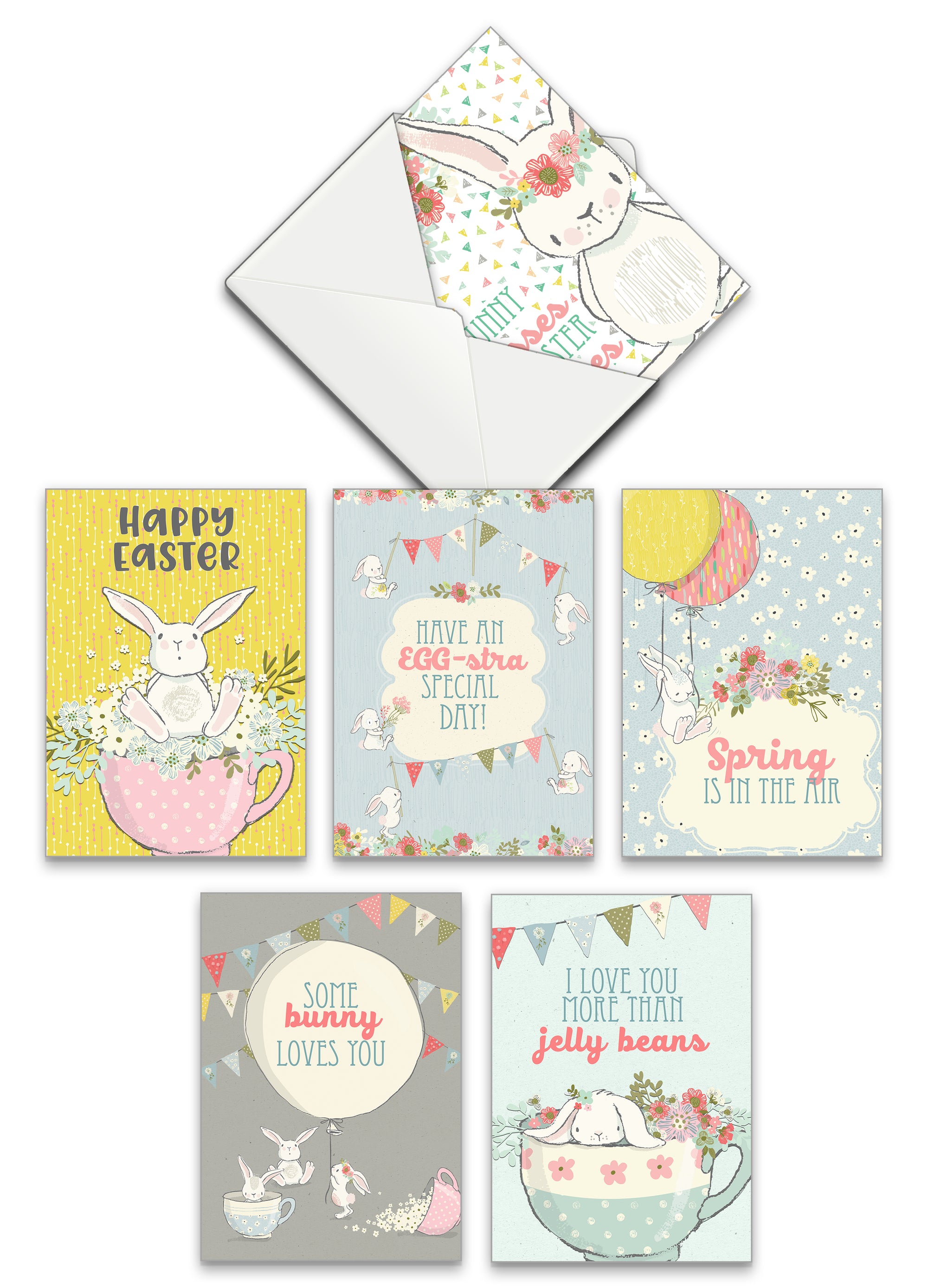 Set of Easter-themed greeting cards with envelopes on a white background