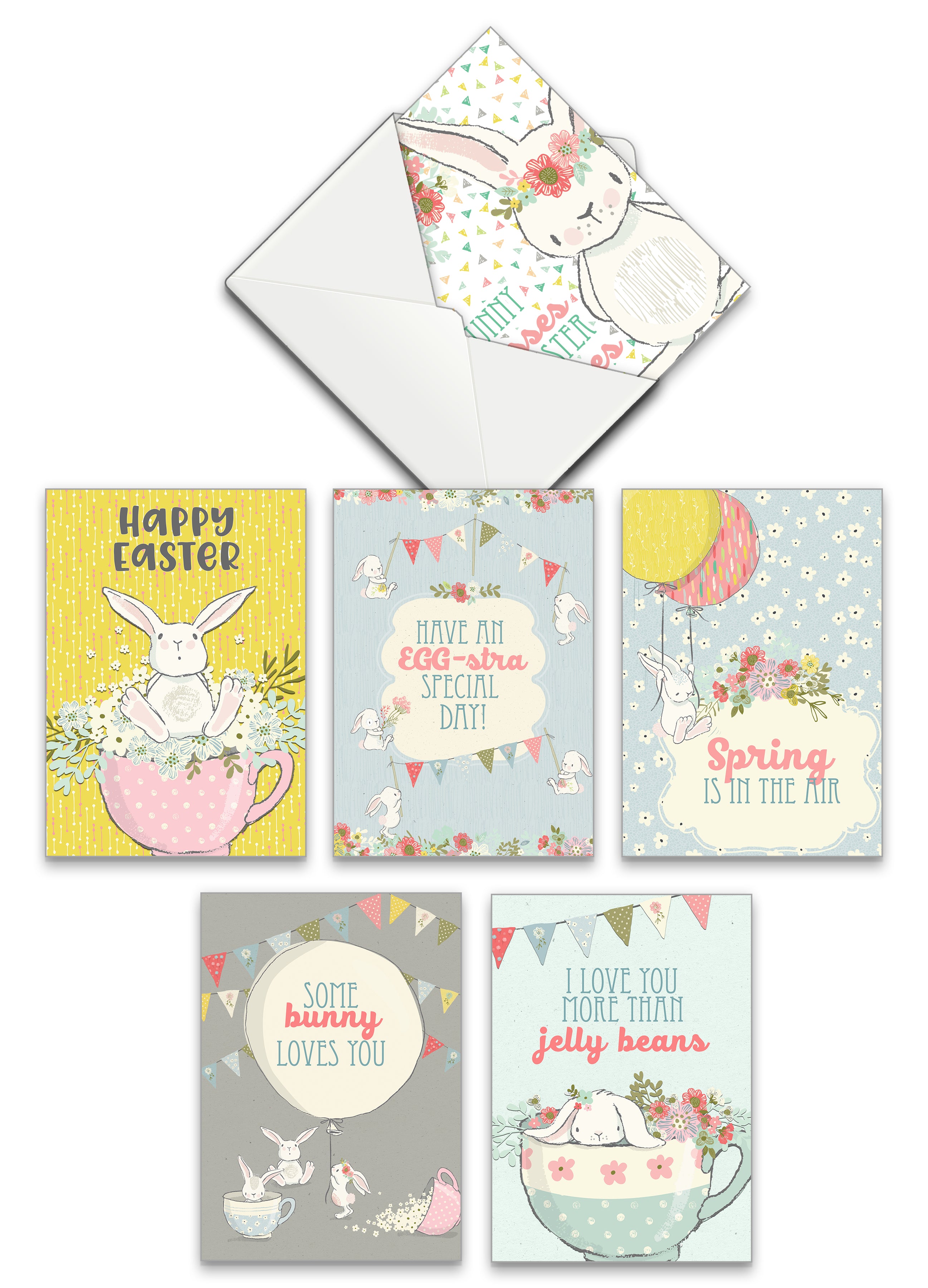 Set of Easter-themed greeting cards with envelopes on a white background