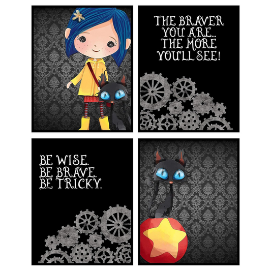 A set of four black and white illustrated wall art prints with a spooky and whimsical theme, featuring a character resembling Wednesday sitting on a gear, a character resembling a witch with a yellow coat and red hair, a character resembling a black cat with blue eyes, and a decorative gear design.