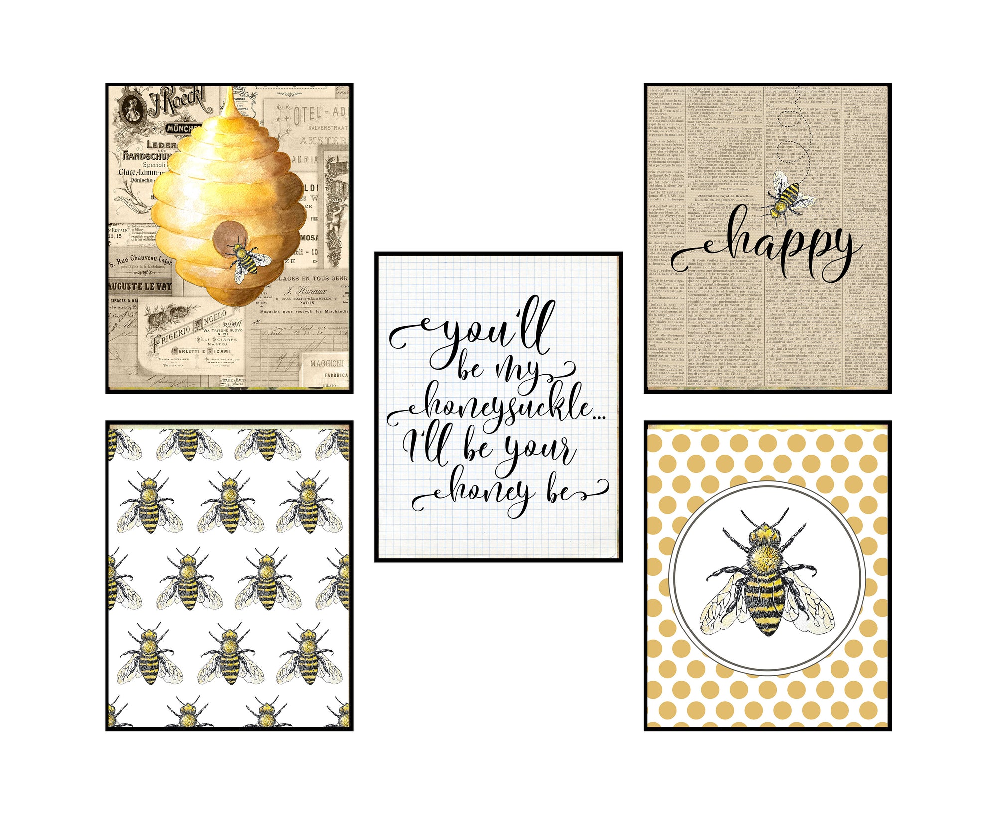 Set of six framed prints with bee-themed designs and text on a white background