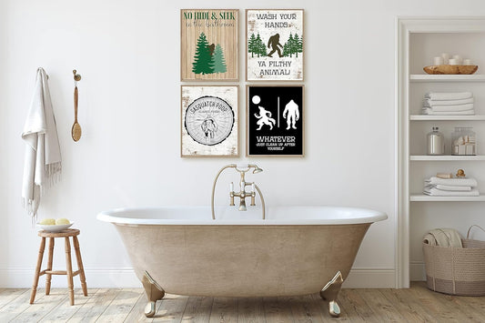 Funny Bigfoot Themed Art Prints Wall Decor Set, Rustic Bathroom Themed, Set of 4 8x10"