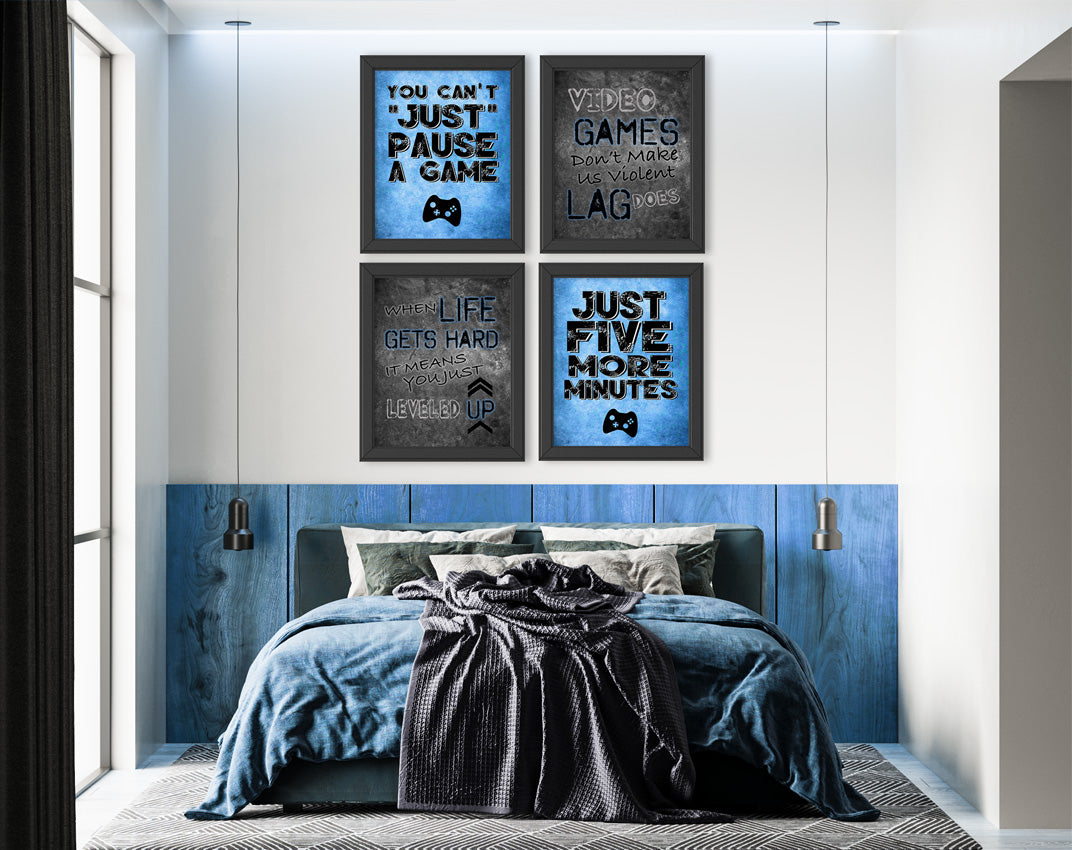 You Can't Just Pause A Game, Video Gamer Themed Wall Art Decor Prints Blue Black Grey