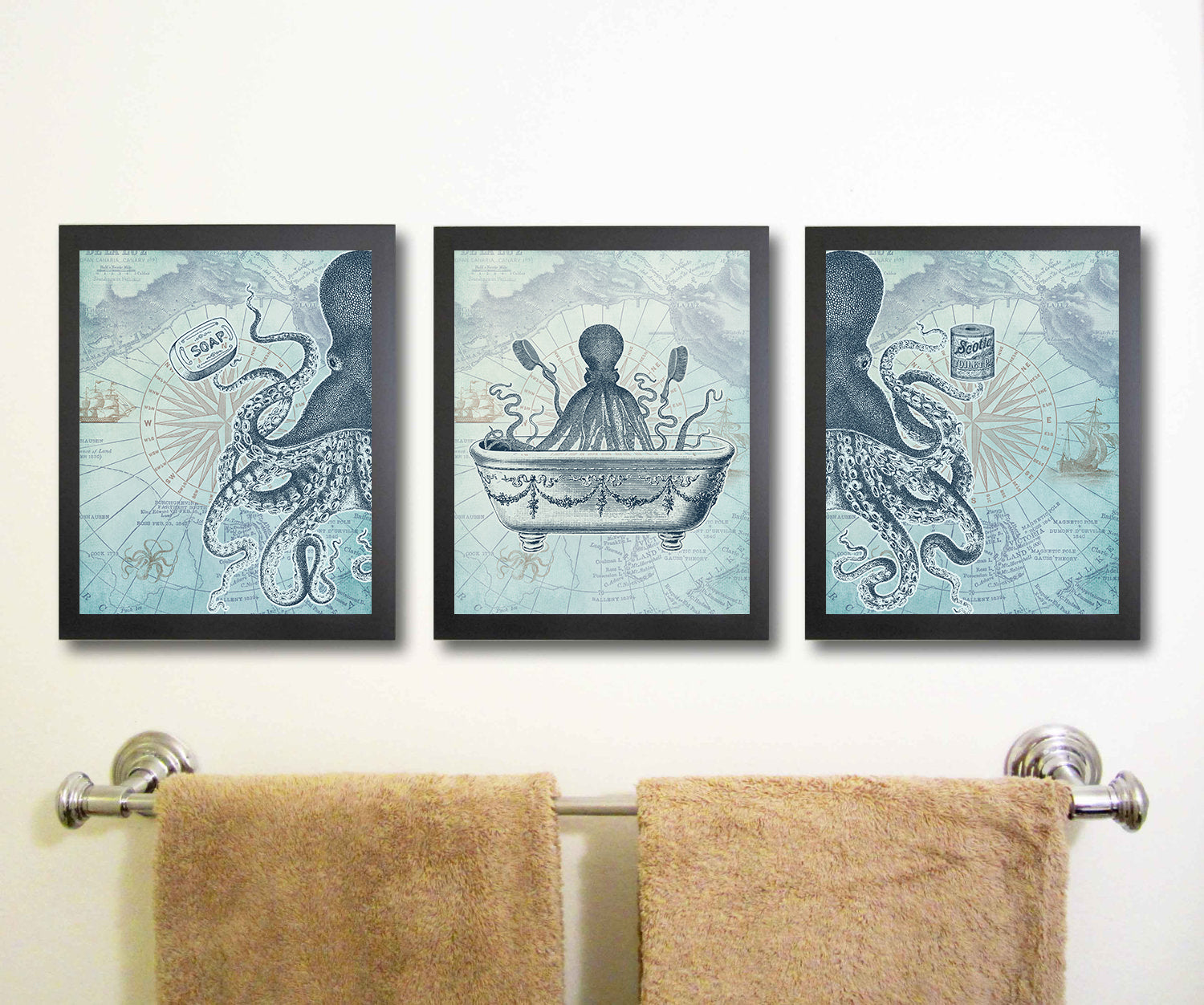 Three framed octopus artworks above a towel rack with towels.