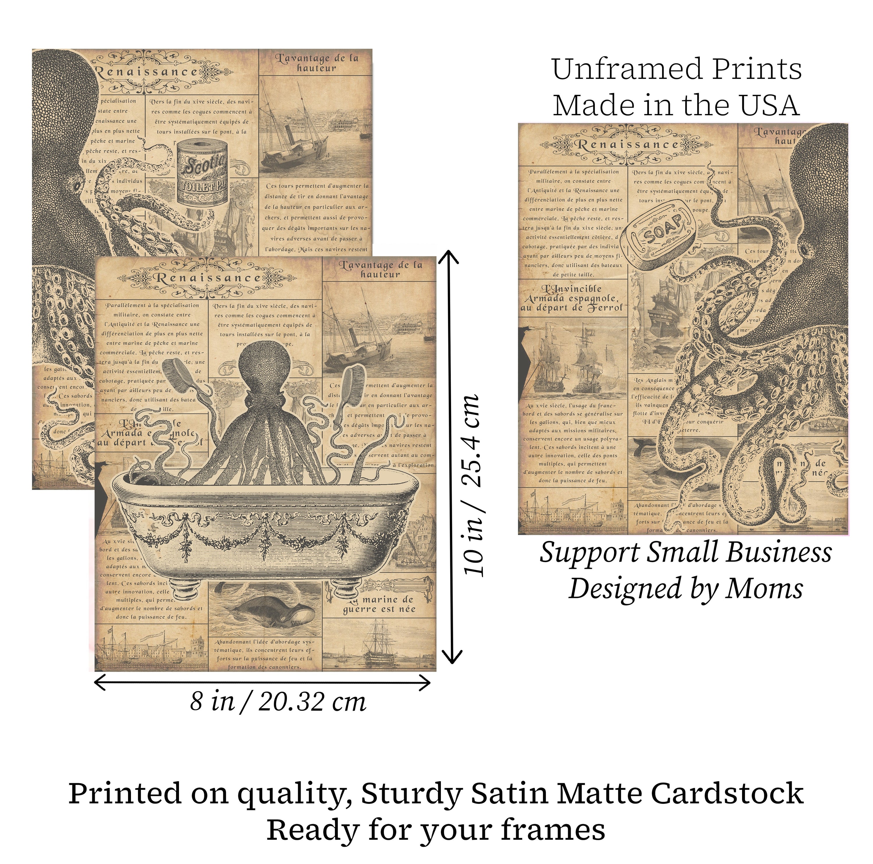 Unframed prints with vintage-style illustrations and text, made in the USA.