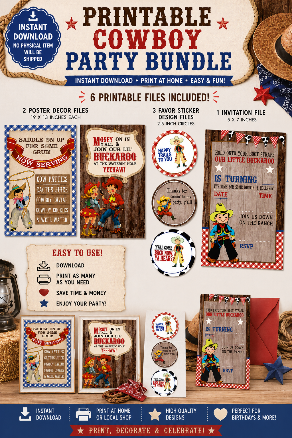 A promotional collage for a printable cowboy party bundle, showing multiple western-themed invitation and decor design templates laid out on a rustic wood background with stars, hats, and a lantern. Text at the top reads 'Printable Cowboy Party Bundle' and lists included poster, sticker, and invitation files.
