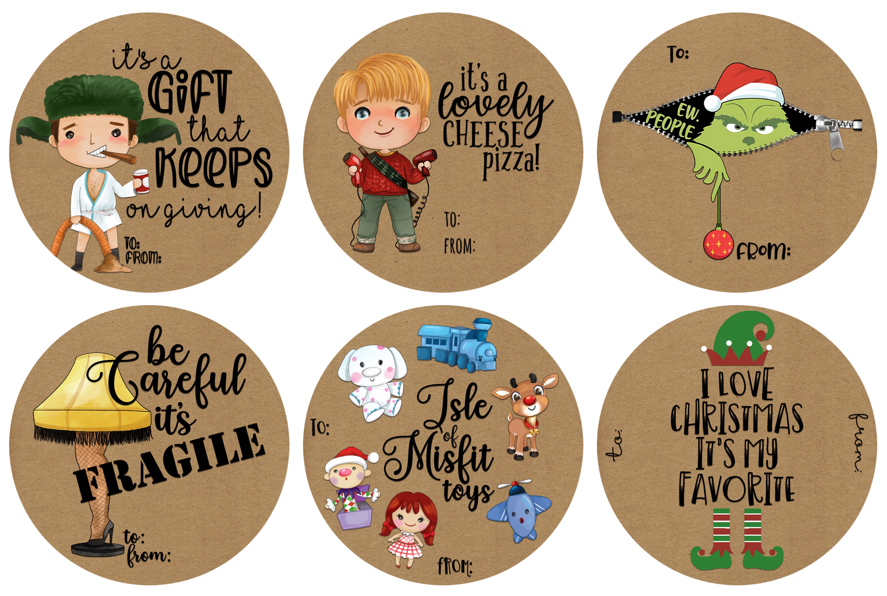 Set of six round labels with Christmas-themed illustrations and text on a brown background.