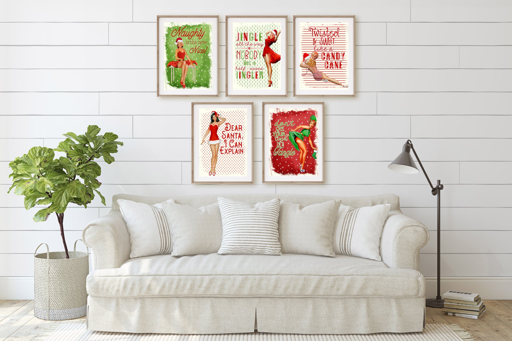 5pc Sassy Vintage Pinup Girl Themed Christmas Quotes - Holiday Room Wall Art Prints Decor