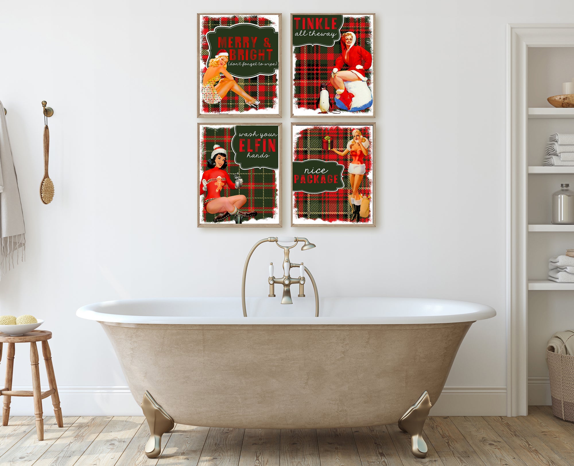 Bathroom with a freestanding bathtub and Christmas-themed wall art
