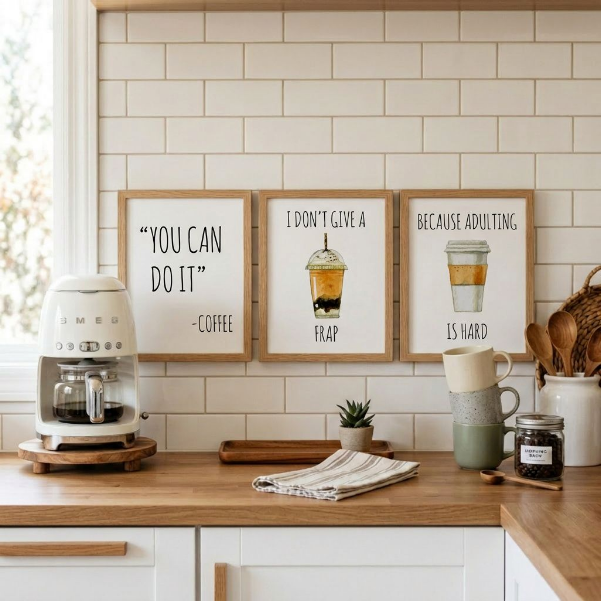 Kitchen counter with coffee machine, framed prints, and decorative items.
