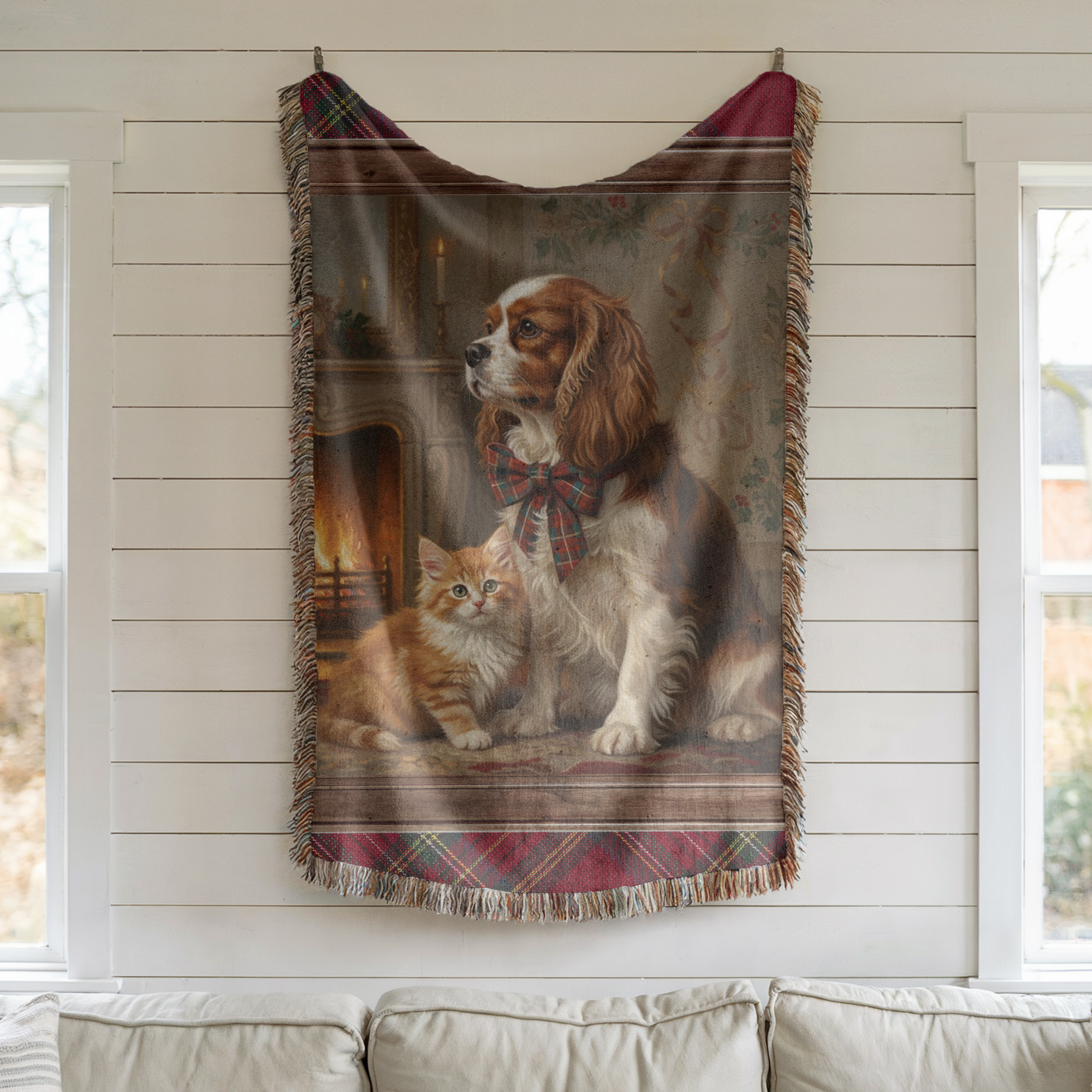 Woven blanket with a dog and cat design hanging on a wall.