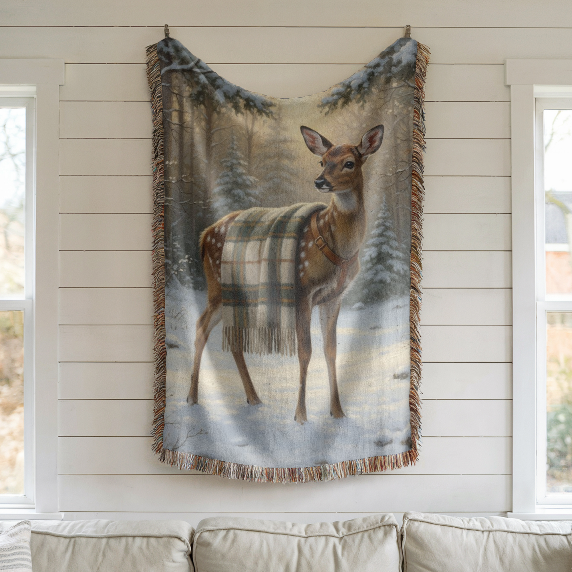 Woven blanket with a deer design hanging on a wall.