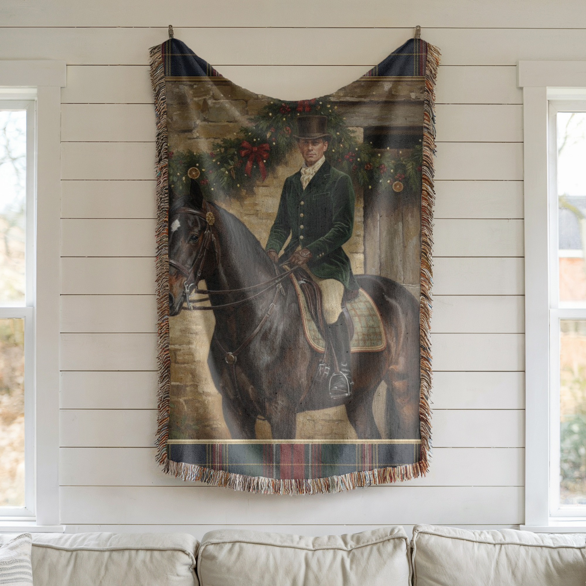Plaid Old World Heritage Style, Christmas Oil Painting Equestrian English - Woven Blanket