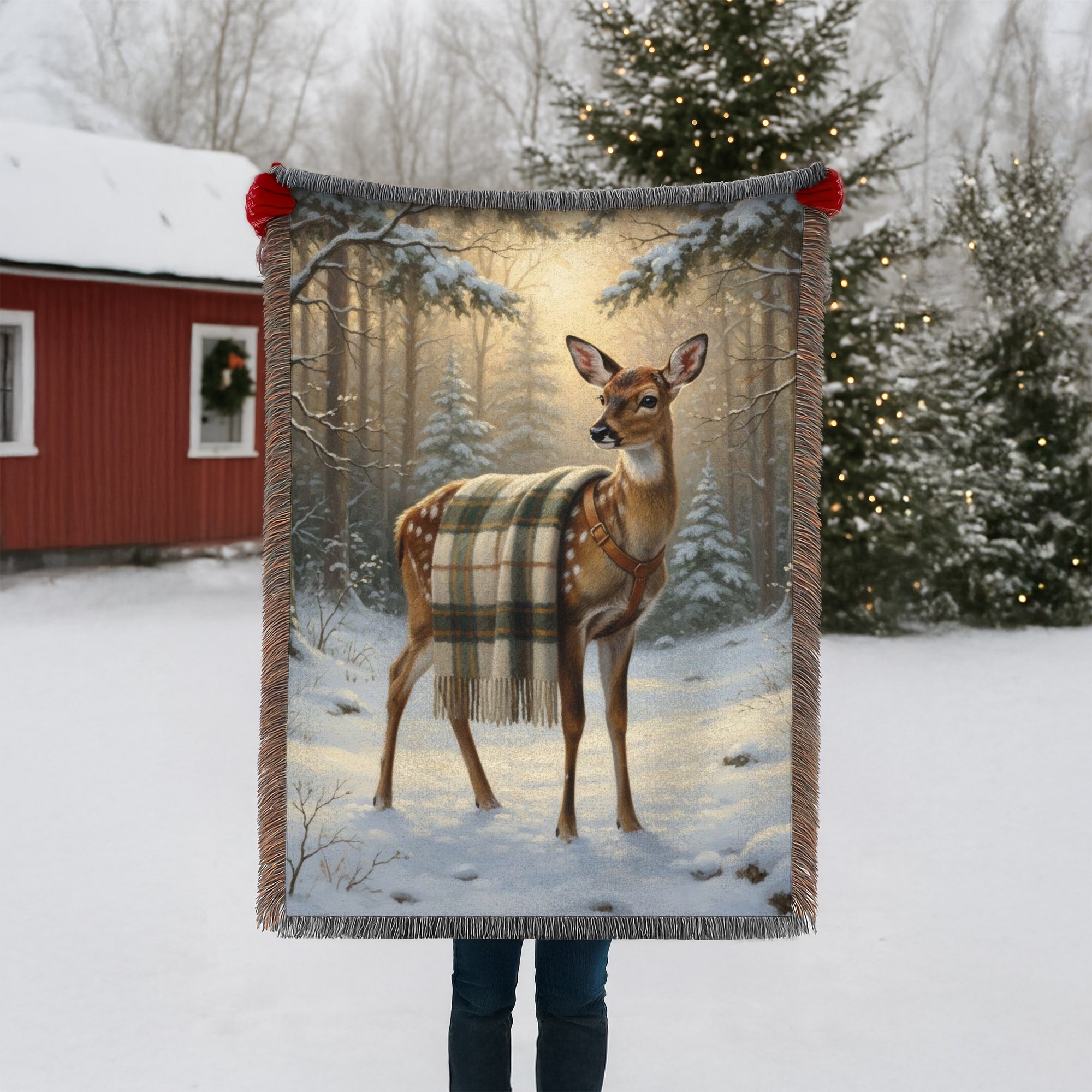 Blanket with a deer design in a snowy forest held by a person outdoors.