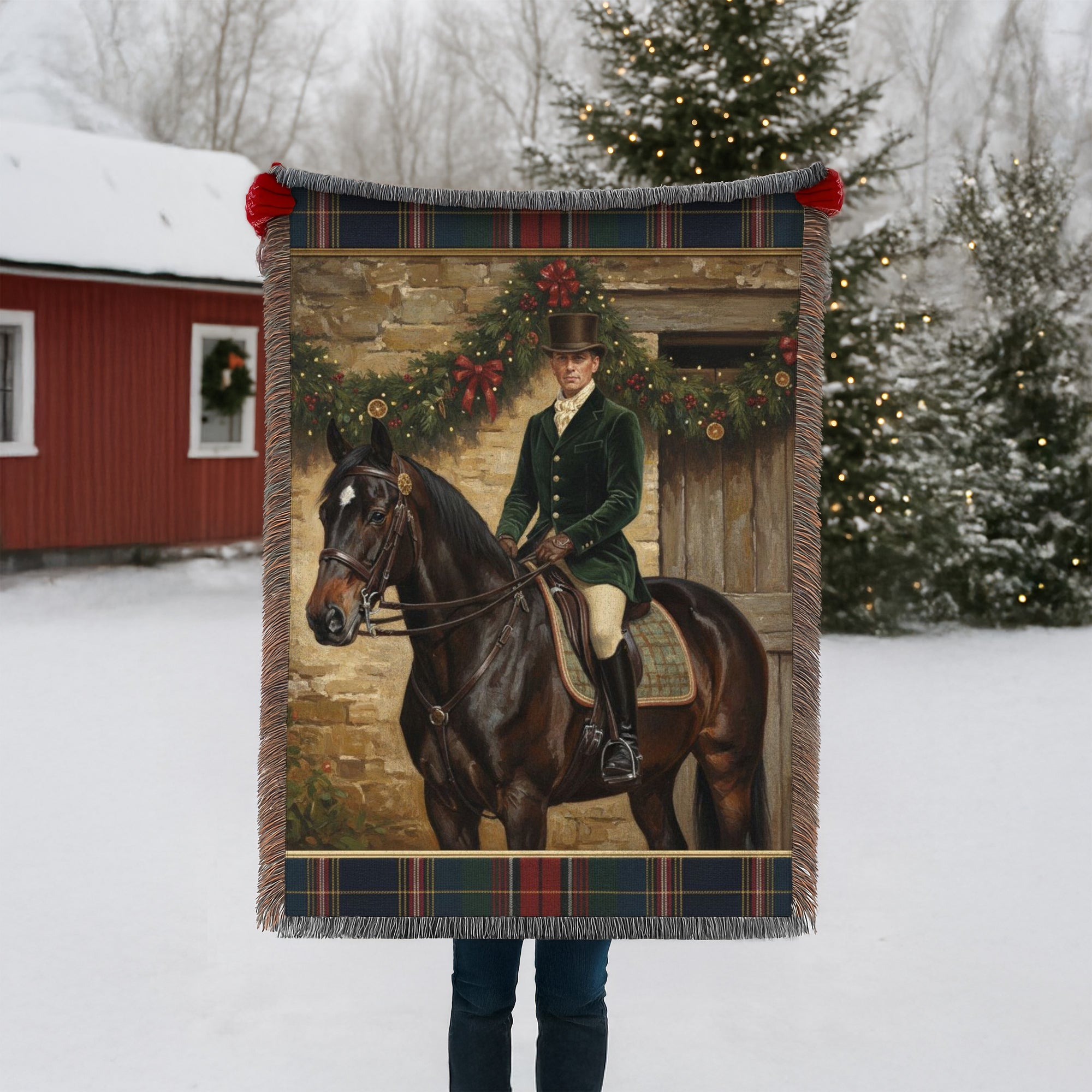 Plaid Old World Heritage Style, Christmas Oil Painting Equestrian English - Woven Blanket