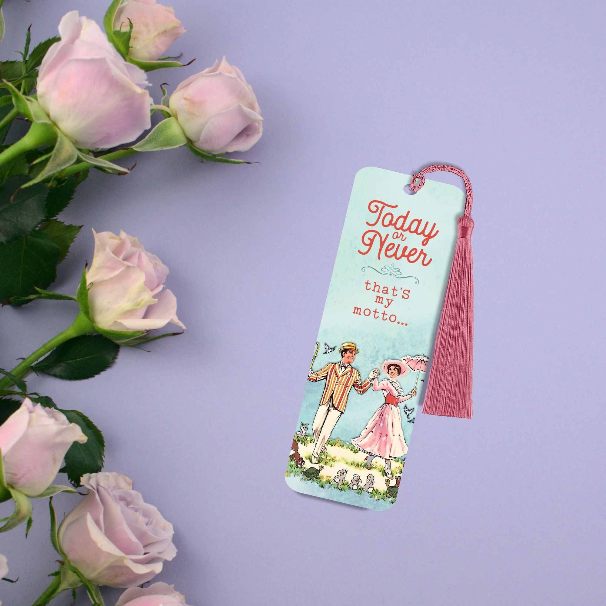 Bookmark with tassel and vintage illustration on a purple background with pink roses