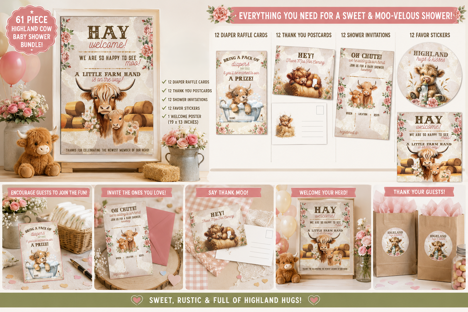 A 61-piece baby shower bundle featuring rustic, highland-themed stationery with teddy bears, flowers, and cow prints. The set includes a main welcome sign, shower invitation, thank you postcard, favor stickers, RSVP cards, and thank you notes, styled with brown paper bags, pink balloons, and floral arrangements.