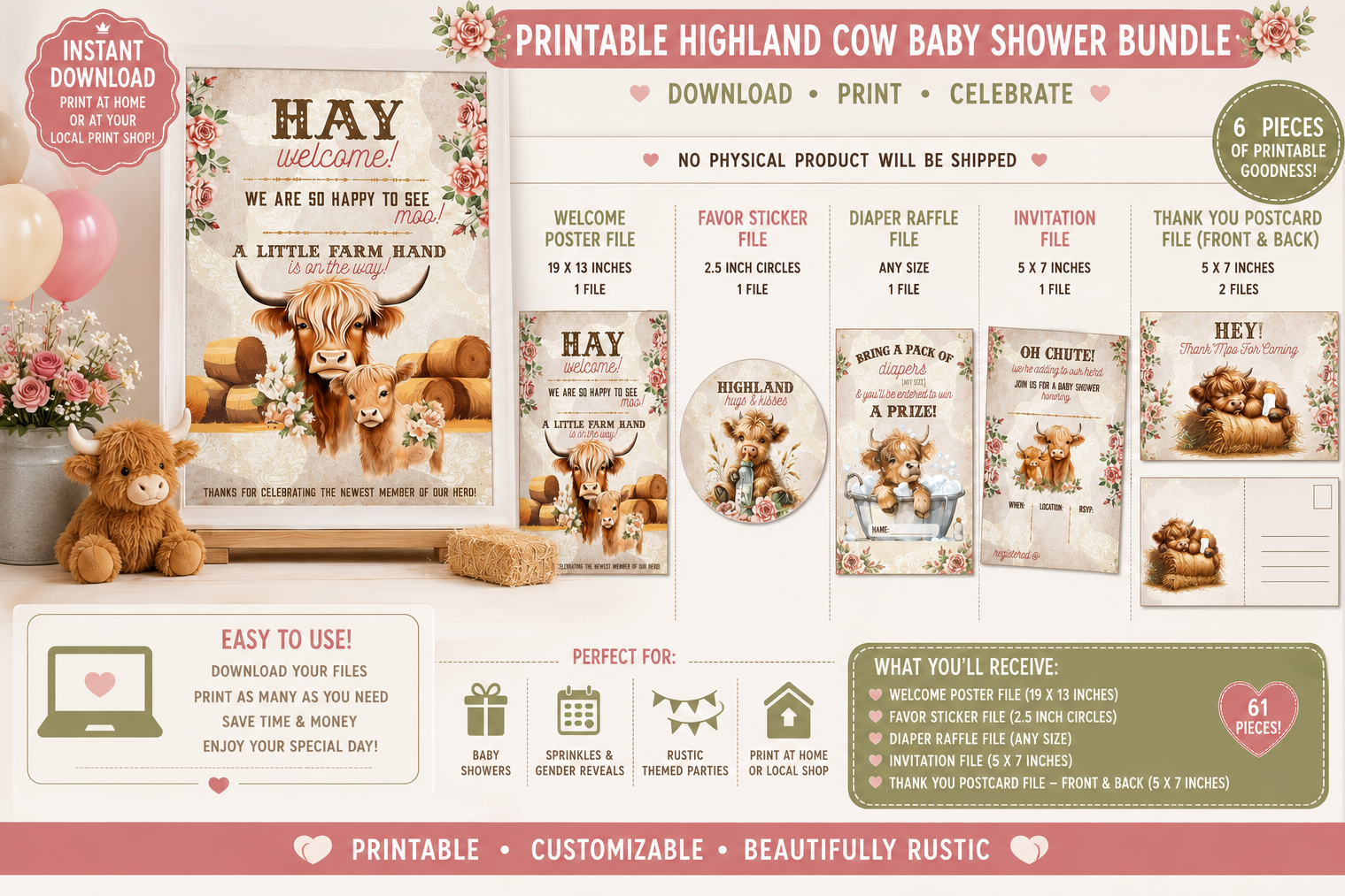 Highland Cow 'Oh Chute! Adding To The Herd' Baby Shower Bundle | Instant Download Printable Set 6pc