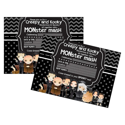A set of party invitations with a monster family and spooky-themed design, including spaces for personalization such as the date, time, location, and RSVP information.