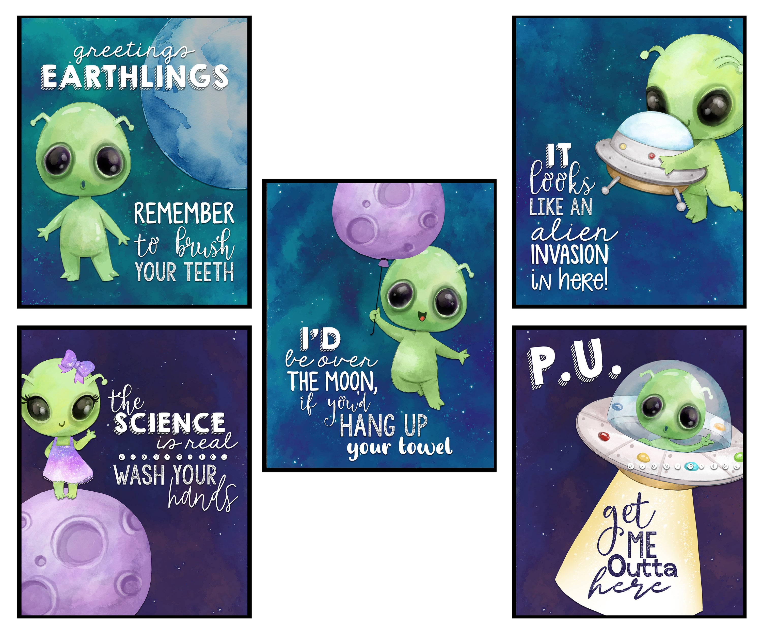 Funny Alien Wall Art Prints Pictures Decor Set for Bath 5pc Bathroom Reminders