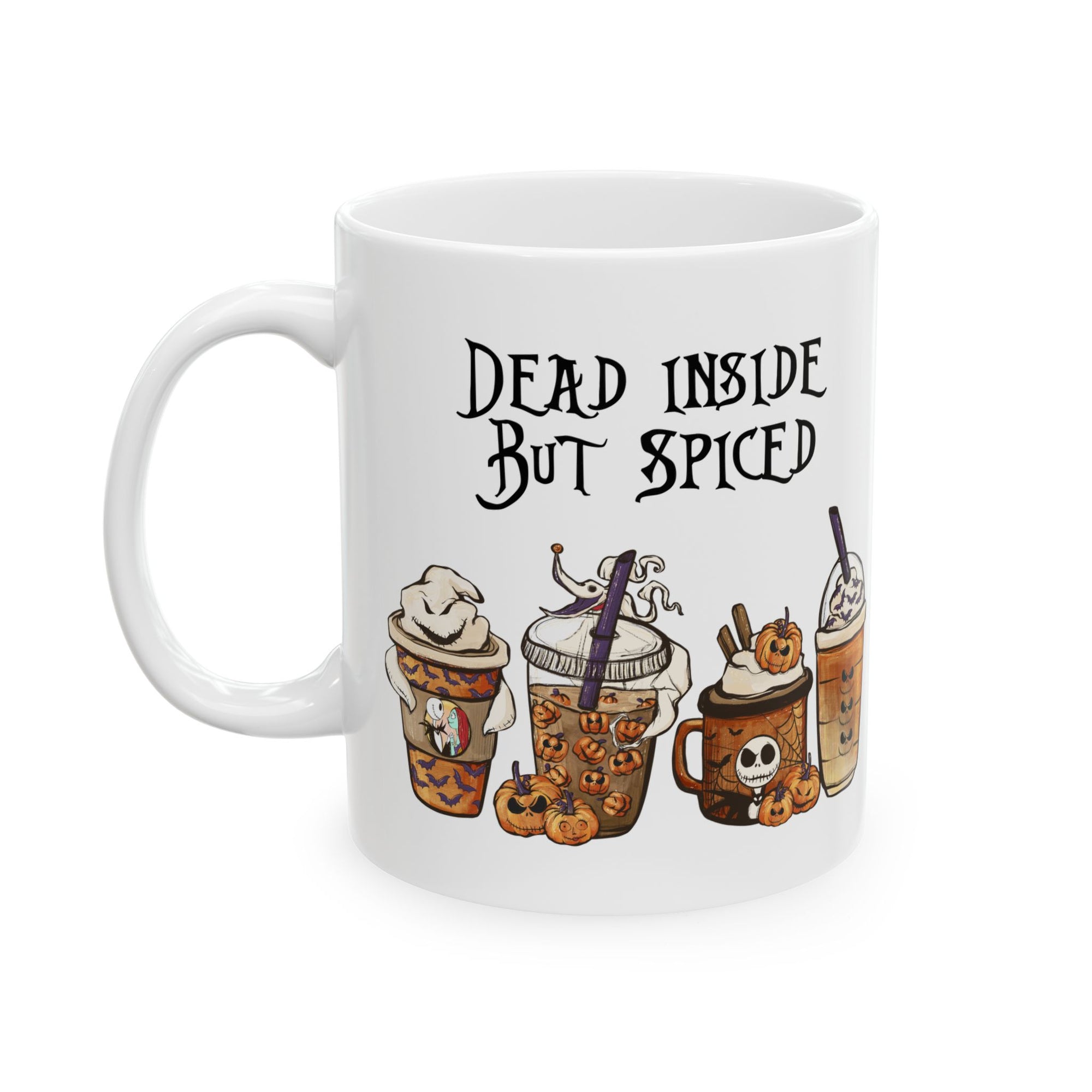 White mug with Halloween-themed coffee cups and text 'Dead Inside But Spiced' on a white background