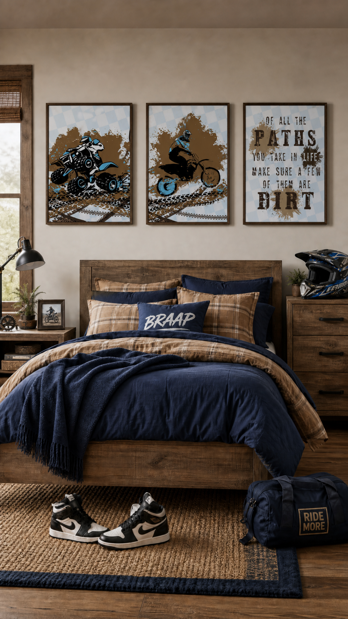 Dirt Bike Motorcycle ATV Themed Bedroom Room Wall Decor Art Prints Blue Brown