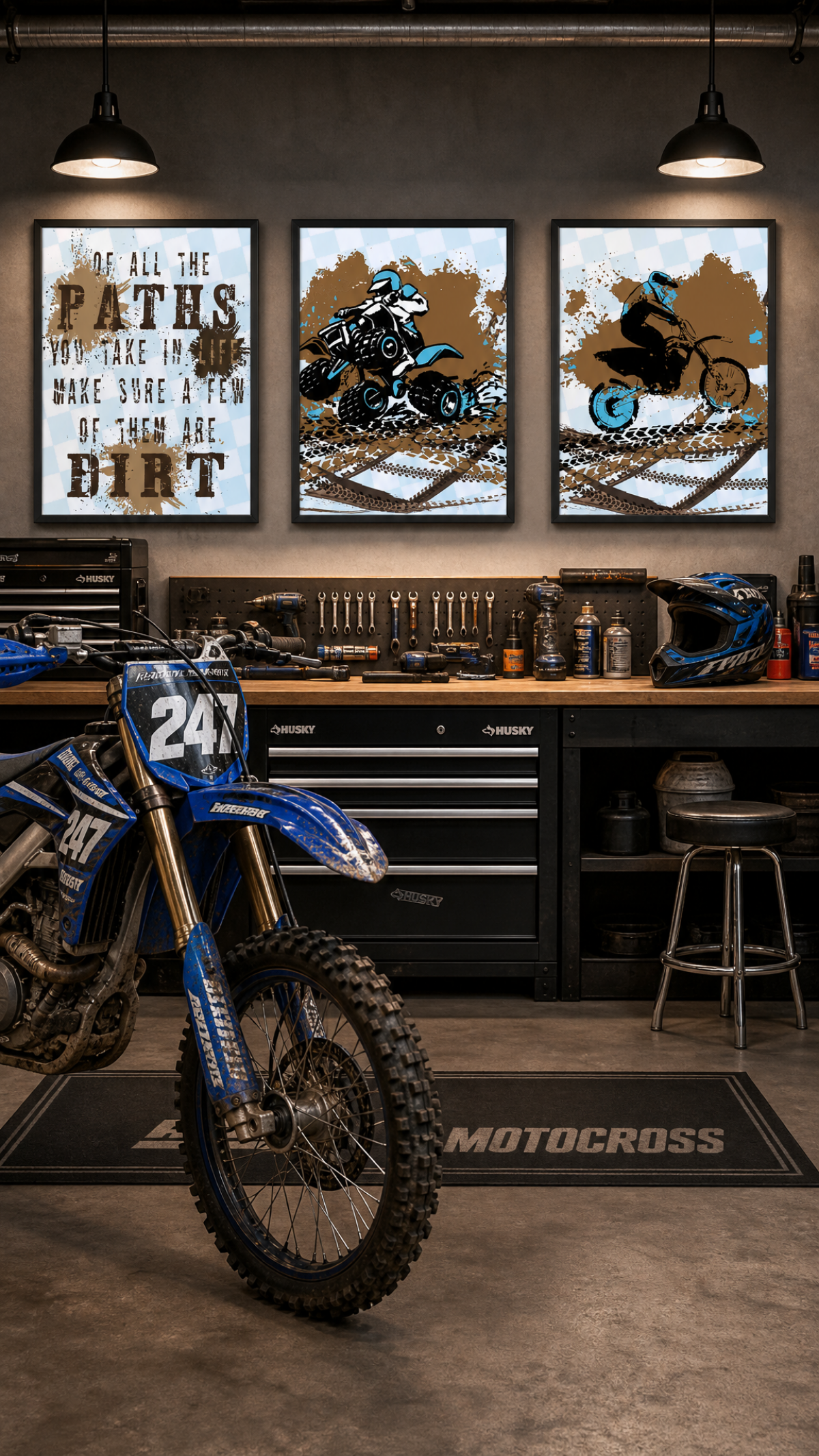 Dirt Bike Motorcycle ATV Themed Bedroom Room Wall Decor Art Prints Blue Brown