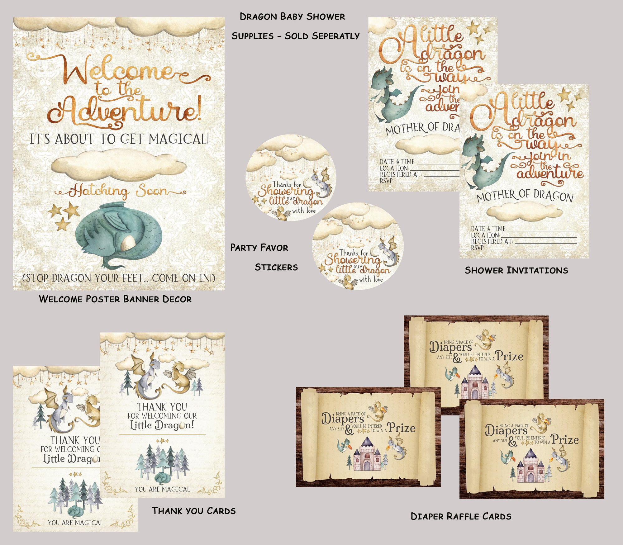 Dragon Theme Baby Shower Party Invitation Set