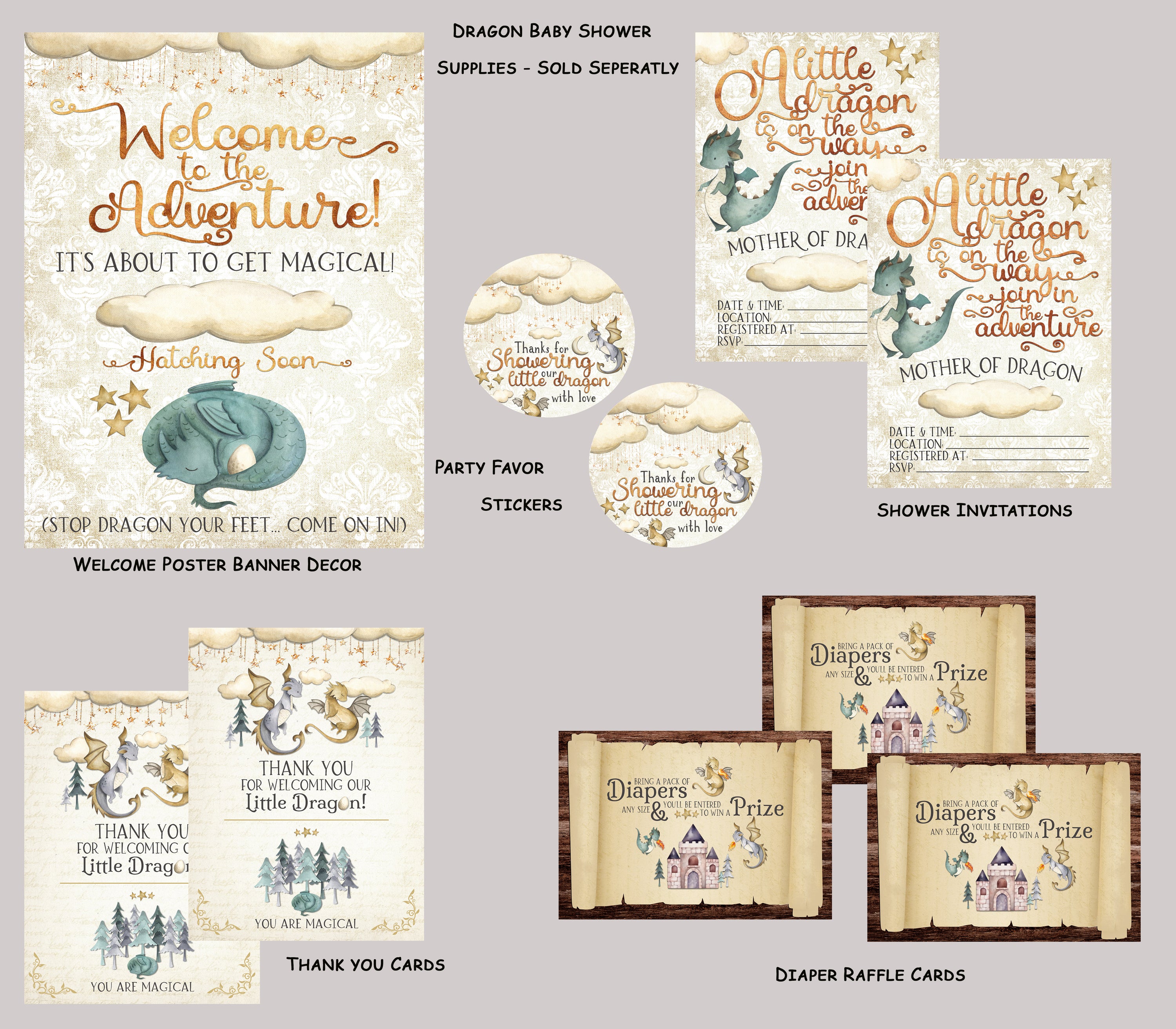 Dragon Theme Baby Shower Party Invitation Set