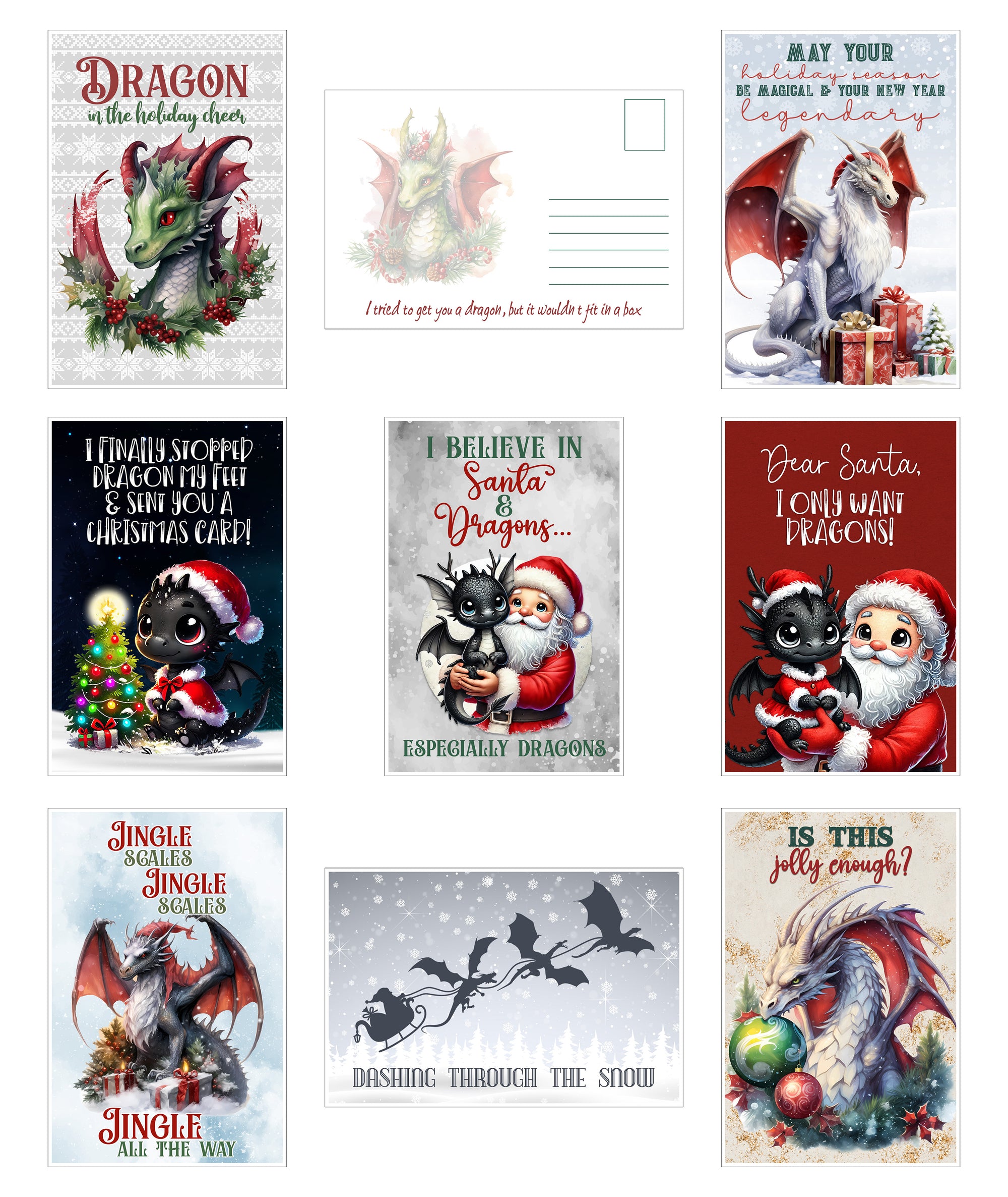 Collection of Christmas-themed dragon postcards with various designs.