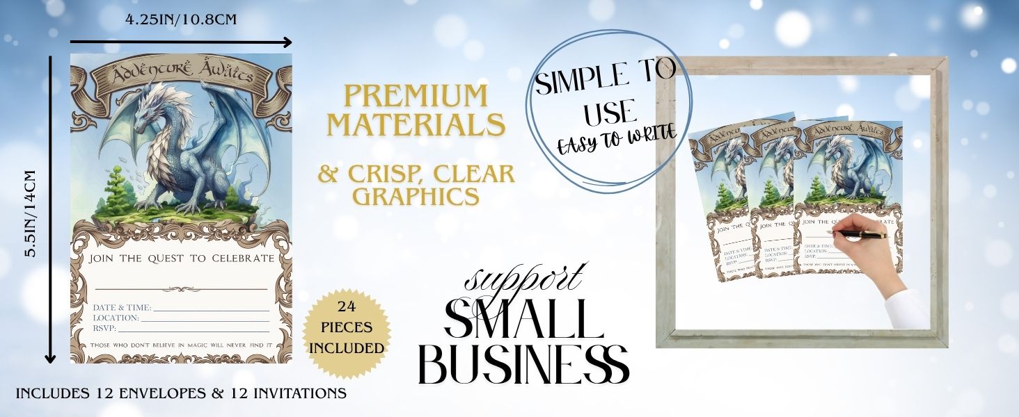 Promotional graphic for invitation sets with horse design, text about premium materials and small business support.