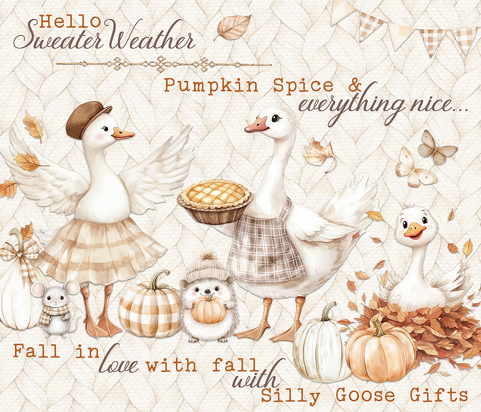 Illustration of geese with pumpkins and autumn elements on a textured background, featuring text about fall and pumpkin spice.