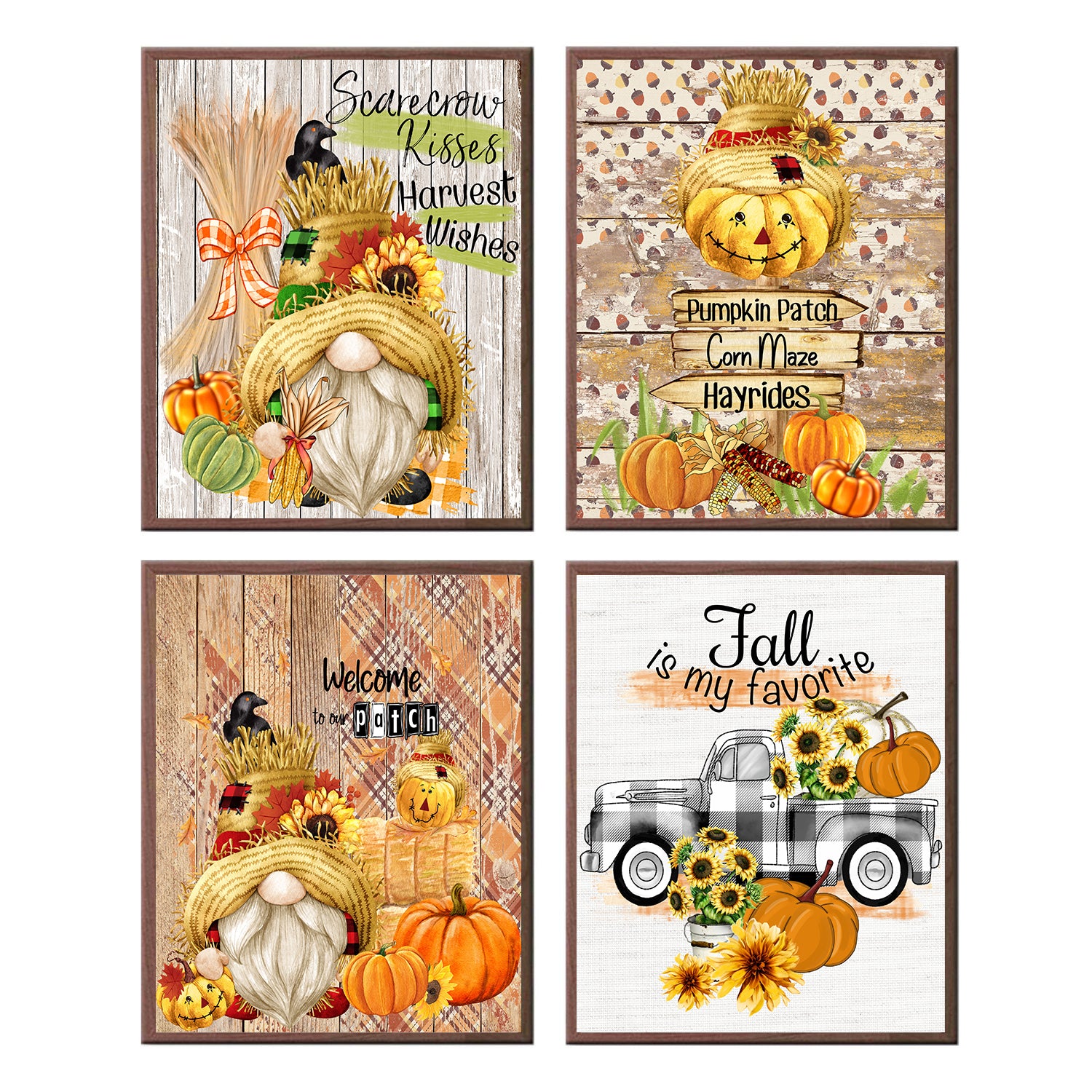Includes: Fall is my Favorite featuring a Black and White Buffalo Plaid Pickup Truck.&nbsp; Welcome to the Patch featuring a delightful little Gnomie surrounded with a hay bale, sunflowers and pumpkins.&nbsp; Scarecrow Kisses &amp; Harvest Wishes Gnome with corn stalk and a scarecrow sign with Corn Maze and Hayrides!