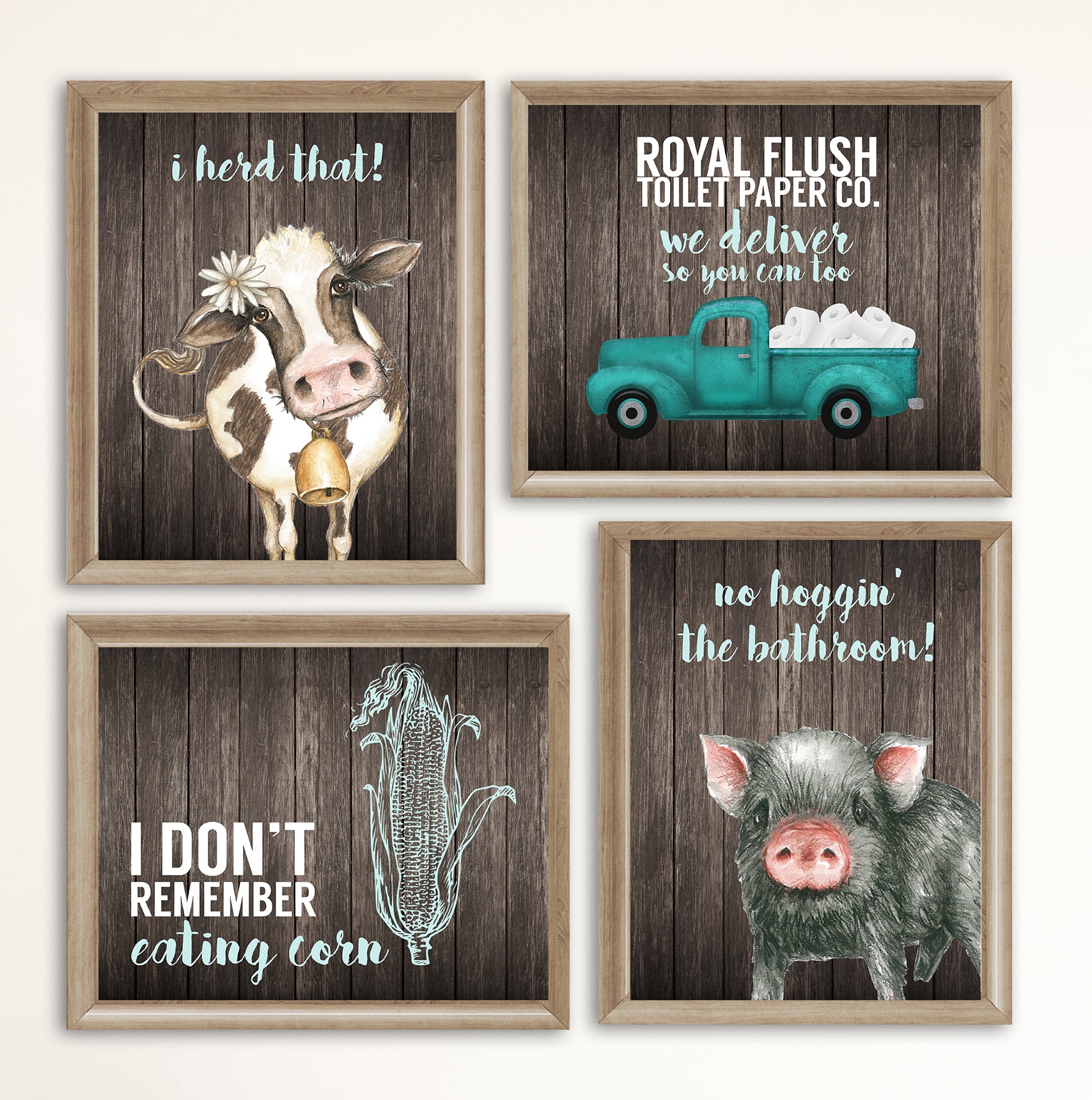 Set of four framed prints with farm animal-themed sayings on a wooden background.