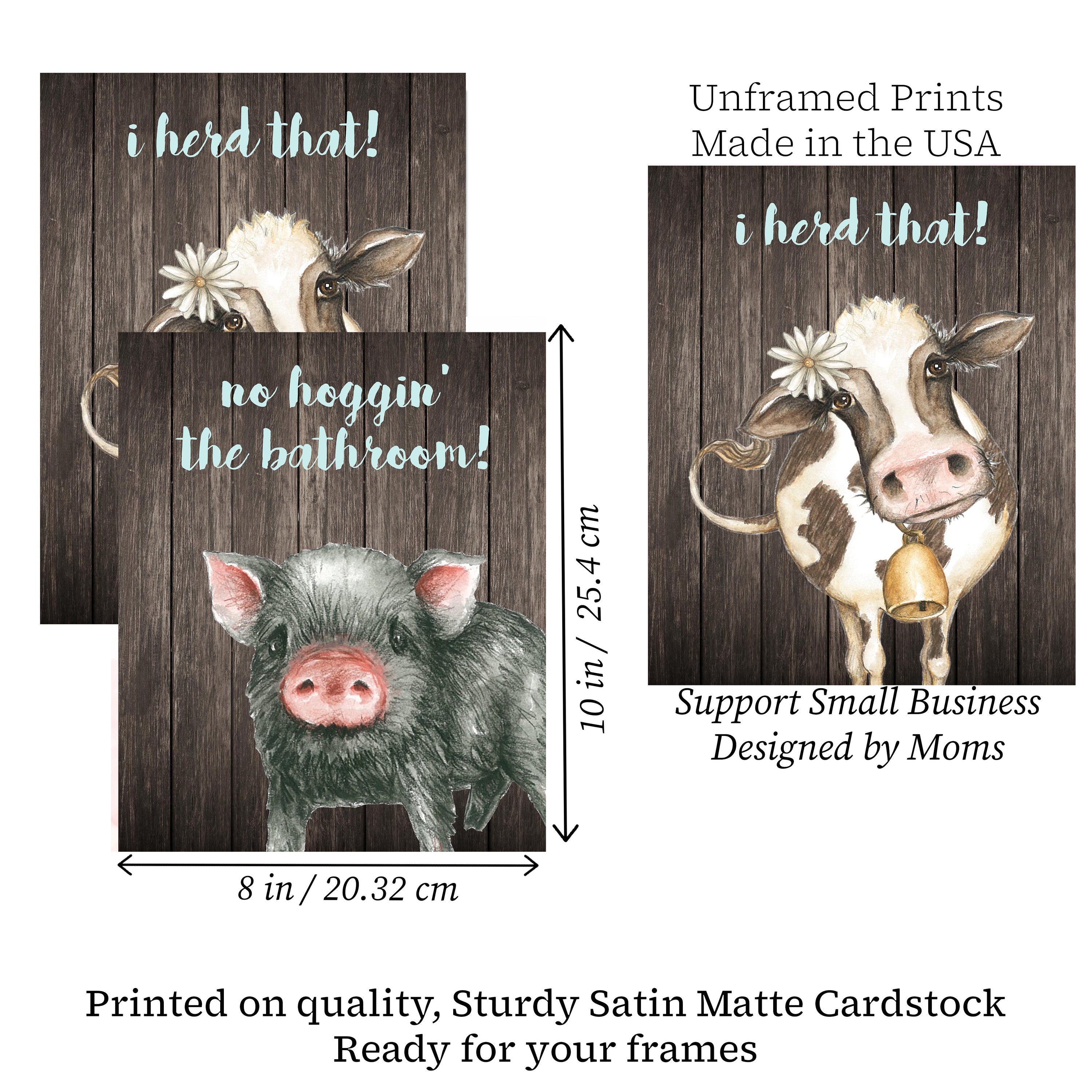 I Herd That! - Funny Cow Bathroom Wall Art Prints, Farmhouse Farm Decor Set of 4, 8x10in