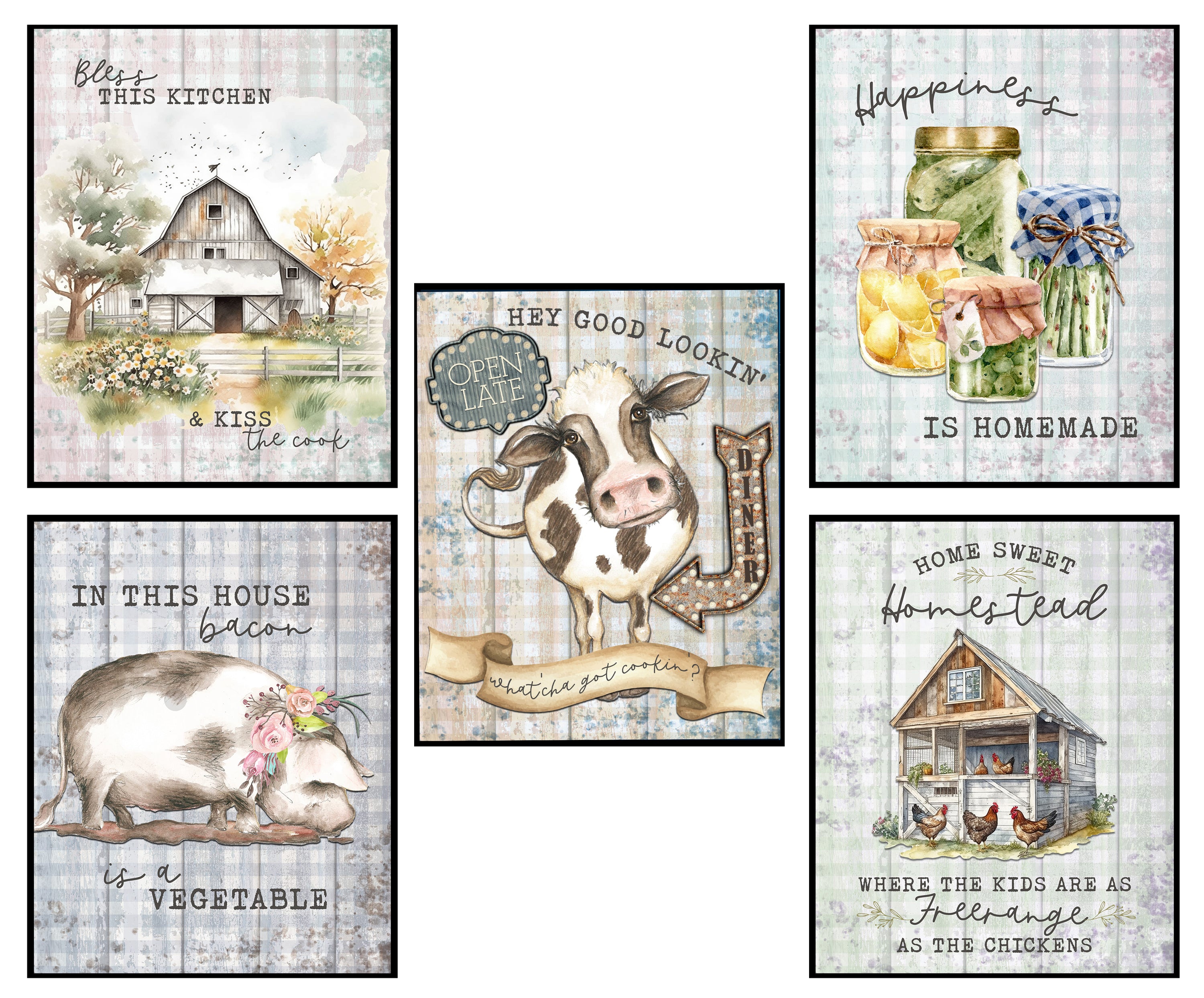 Bless This Kitchen & Kiss The Cook Farmhouse Wall Art Prints Set of 5
