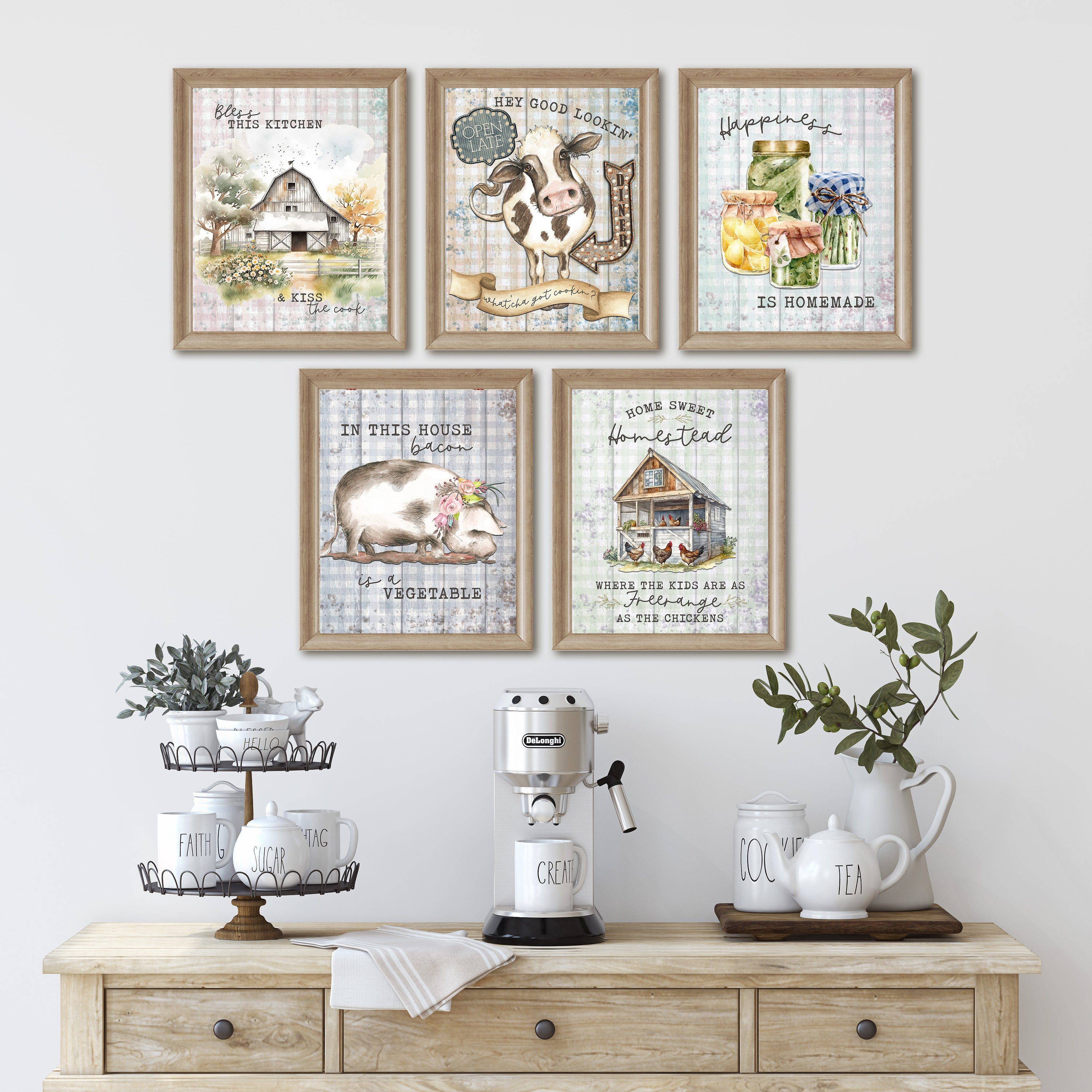 Bless This Kitchen & Kiss The Cook Farmhouse Wall Art Prints Set of 5