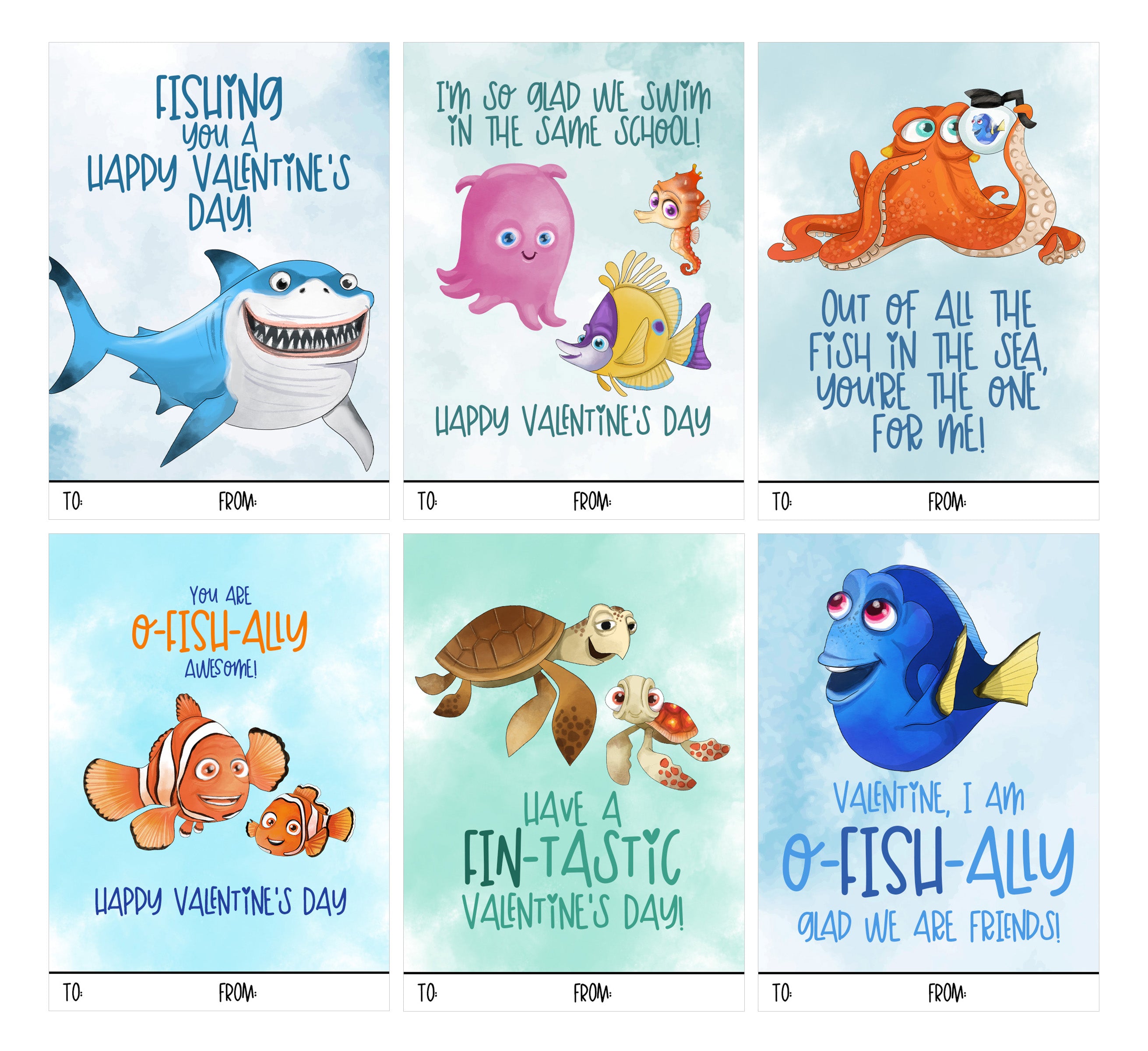 Six cartoon-themed Valentine's Day cards arranged in a 2x3 grid. The cards feature colorful illustrations of marine life including a shark, octopus, turtle, clownfish, and fish, with playful text such as 'Fishing you a Happy Valentine's Day!' and 'You are O-FISH-ALLY awesome!'.